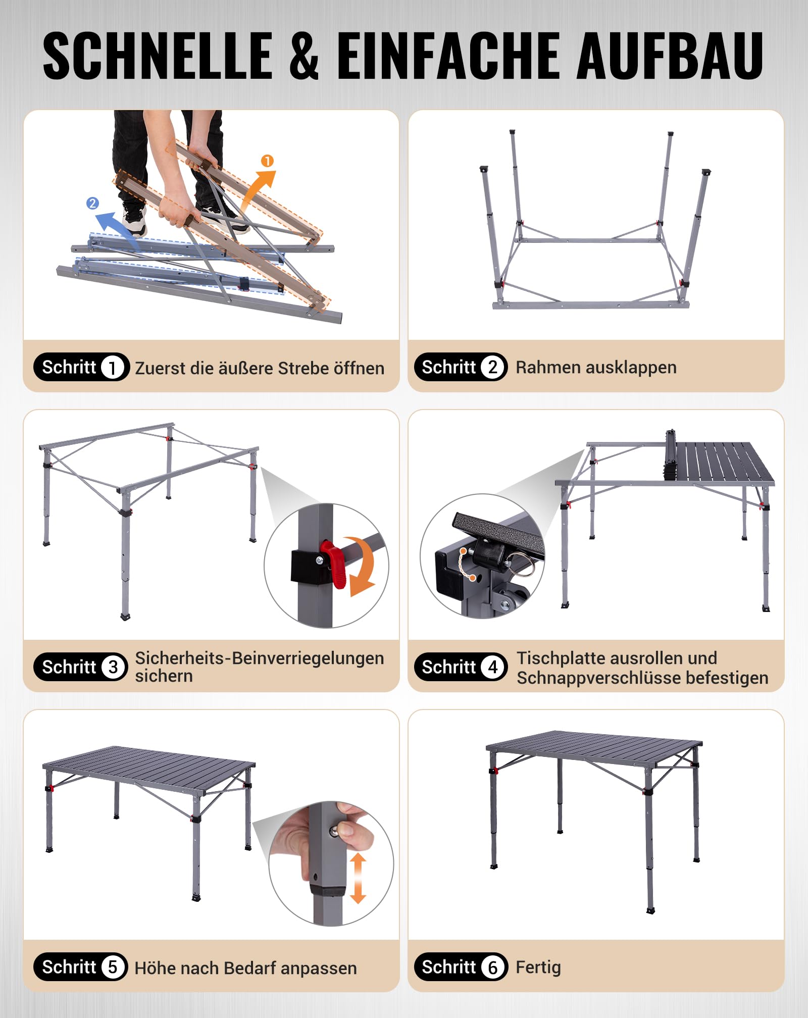 KingCamp Campingtisch Klappbar, bis 120 kg,60/70/80cm Höhenverstellbar | Aluminium Roll-Up Tischplatte,Schneller Auf- und Abbau,Kompakt, Robust,Langlebig,Leicht,für Outdoor,Picknick,107x70cm