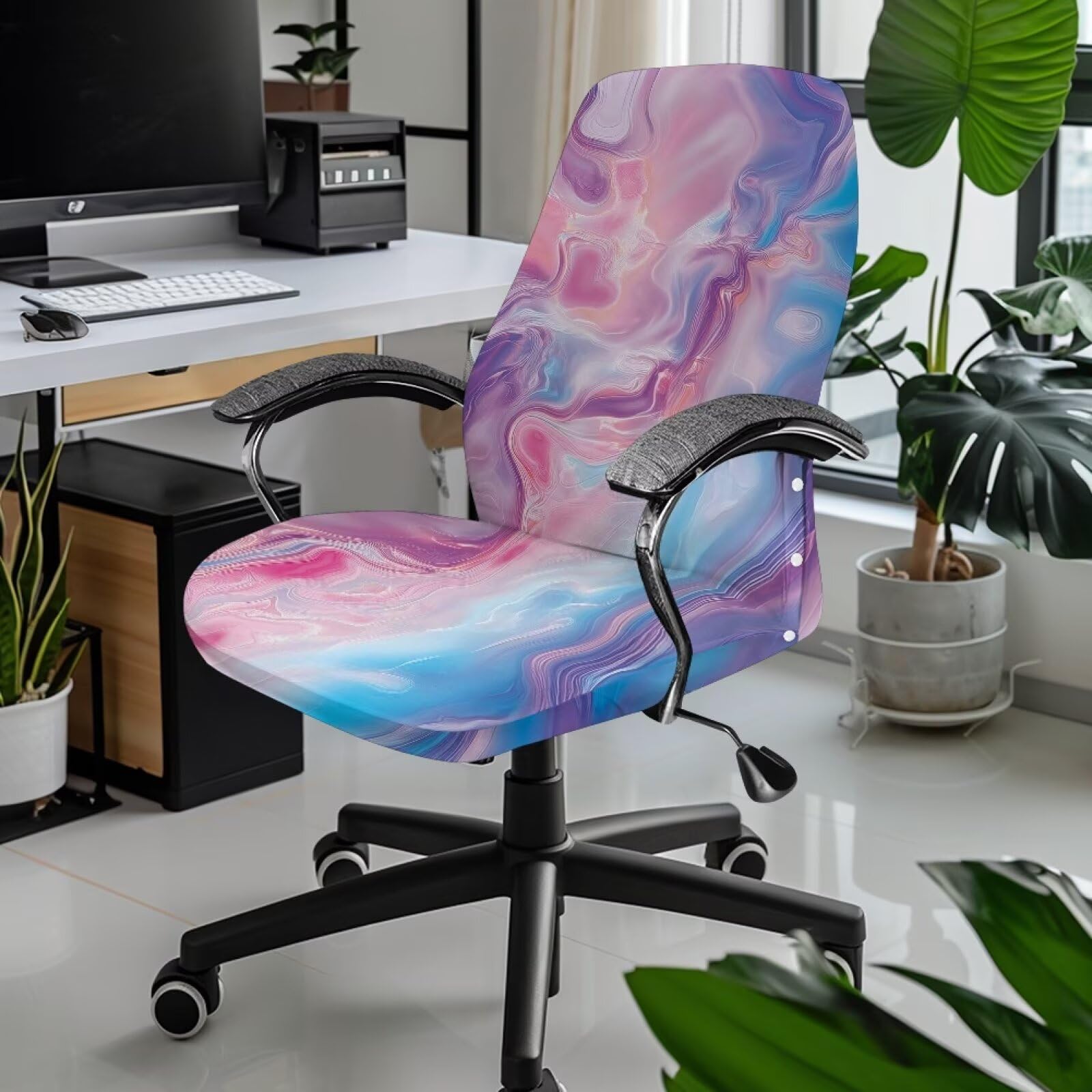 Xoenoiee Pink and Blue Marble Print Office Chair Covers Computer Universal Stretchable Chair Covers Desk Chair Armrest Covers High Back Slipcovers for Rotating Chairs, Large
