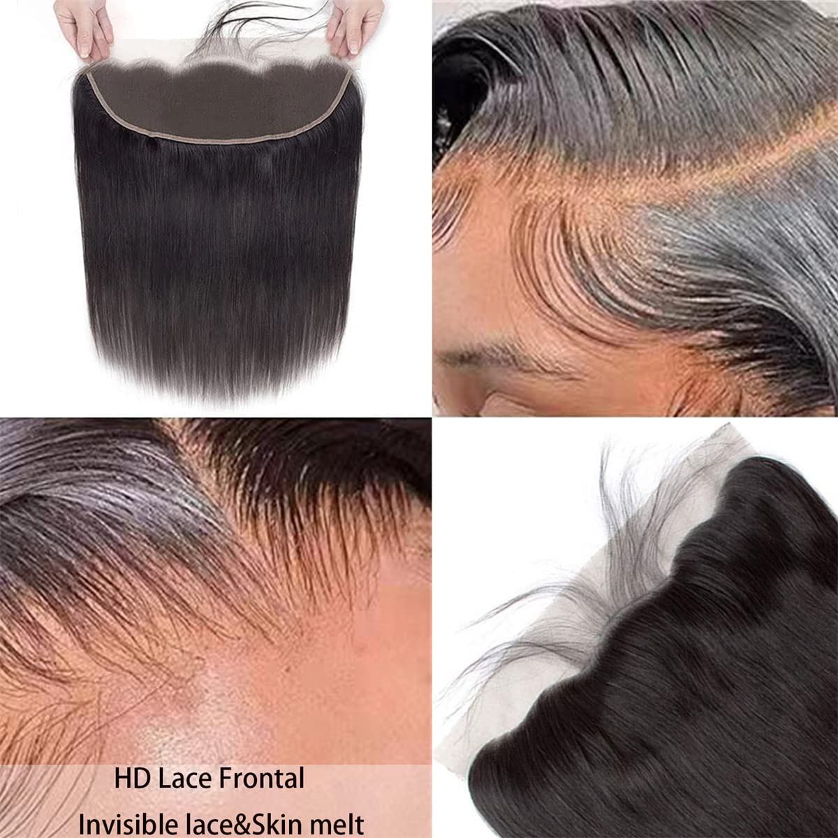 PEGOZA 13X4 Ear To Ear Lace Frontal Closure Straight Frontal HD Lace Human Hair 100% Brazilian Virgin Hair 150 Density HD Transparent Lace Natural Black Pre-Pulled Baby Hair (16 Inch)