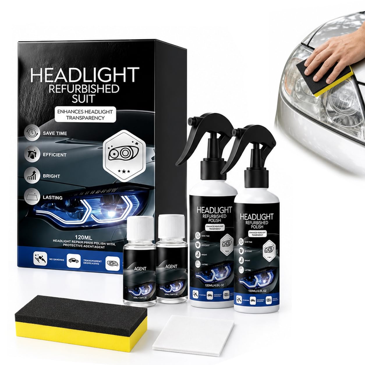 Automotive Headlamp Restoration Fluid Kit, 2027 Headlight Polish for Car Lamp Care and Maintenance (Black 2PS)