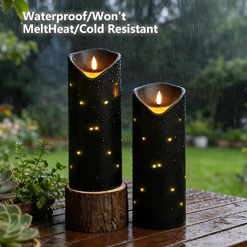 Miniatura 4 de Velas sin llama de 4 x 10 pulgadas, impermeables, funcionan con pilas, con control remoto y temporizador, cadena de luces internas, color negro,