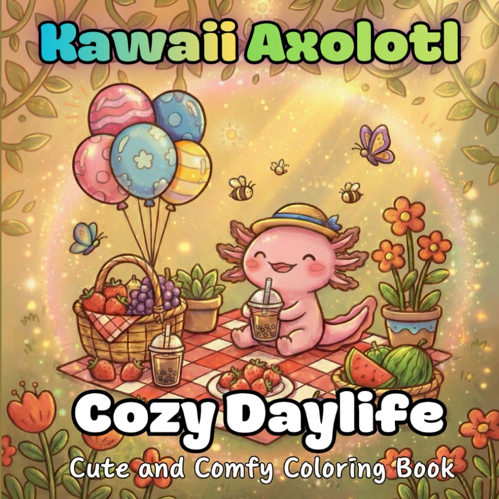 Kawaii Axolotl Daylife: Coloring Book for Kids and Adults Featuring Cute Axolotls in Tropical Beach Scenes and Simple Animal Patterns for Stress ... (Animal Cozy Daylife Coloring Book)