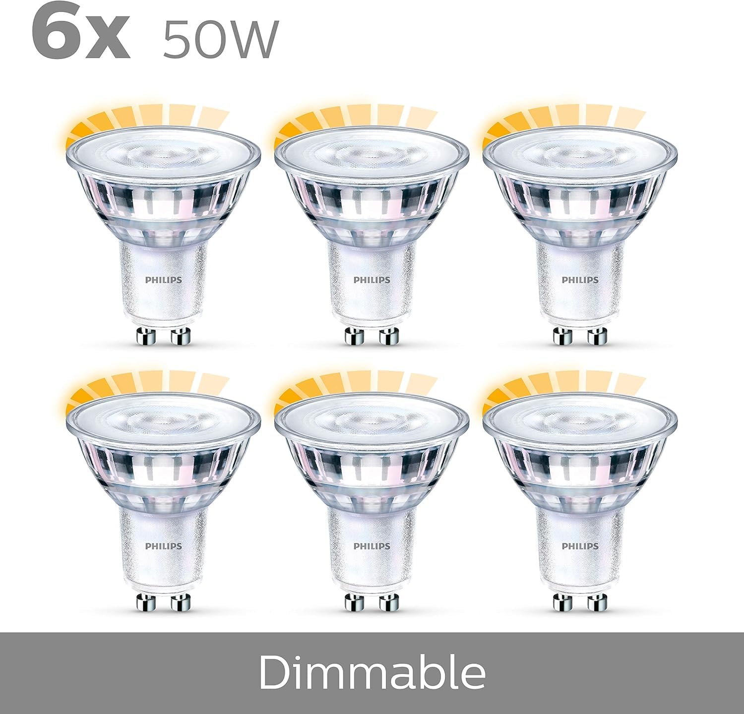Philips - LED Gu10, 3.8 W Equivalente a 50 W, 345 Lumen, Regulable, Blanco Cálido, 6 Unidad (Paquete de 1)