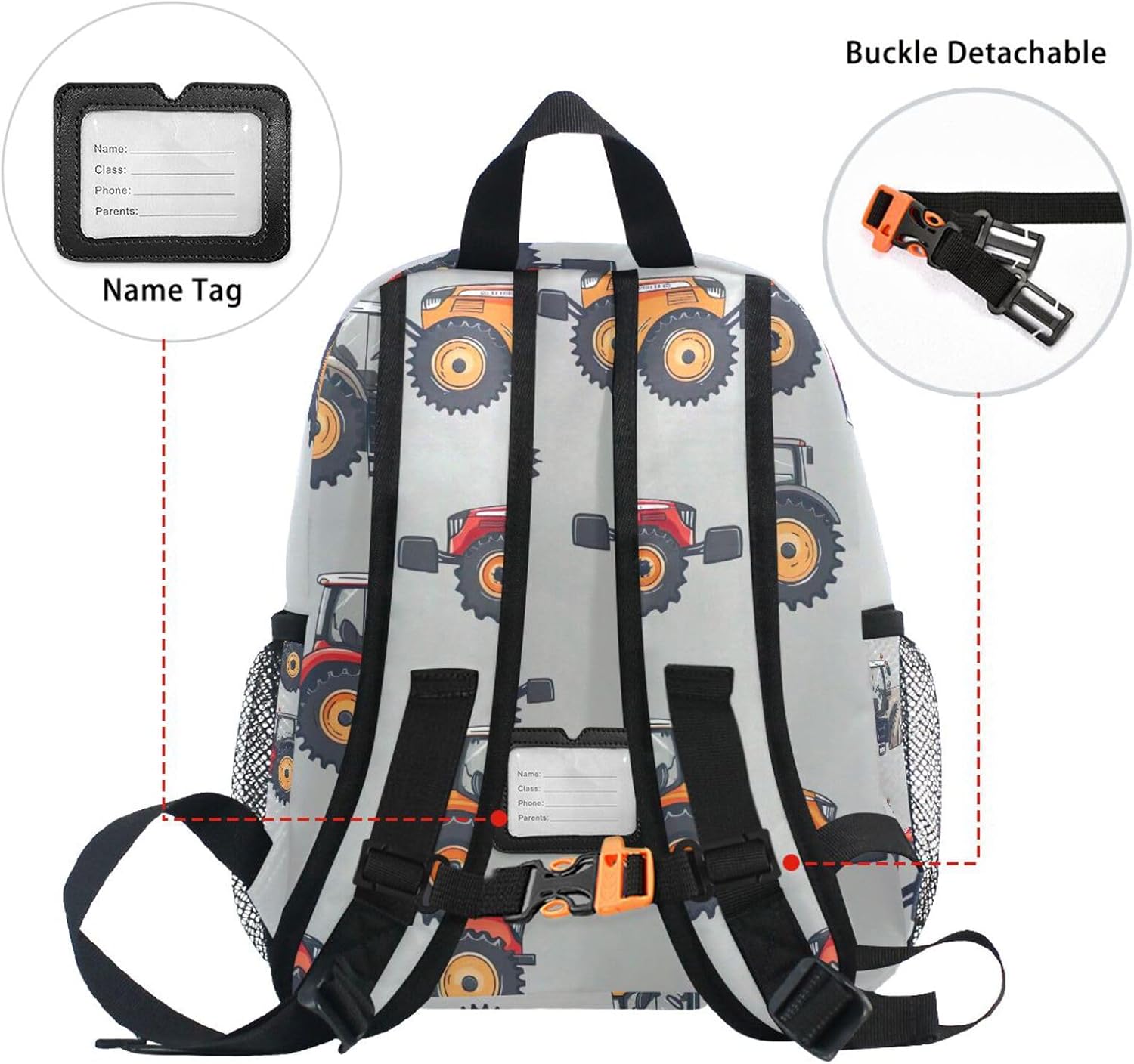 Toddler Boy Backpack, Cartoon Tractors Grey Little Kid's Backpacks Small Travel Bookbag, 3-8 Years
