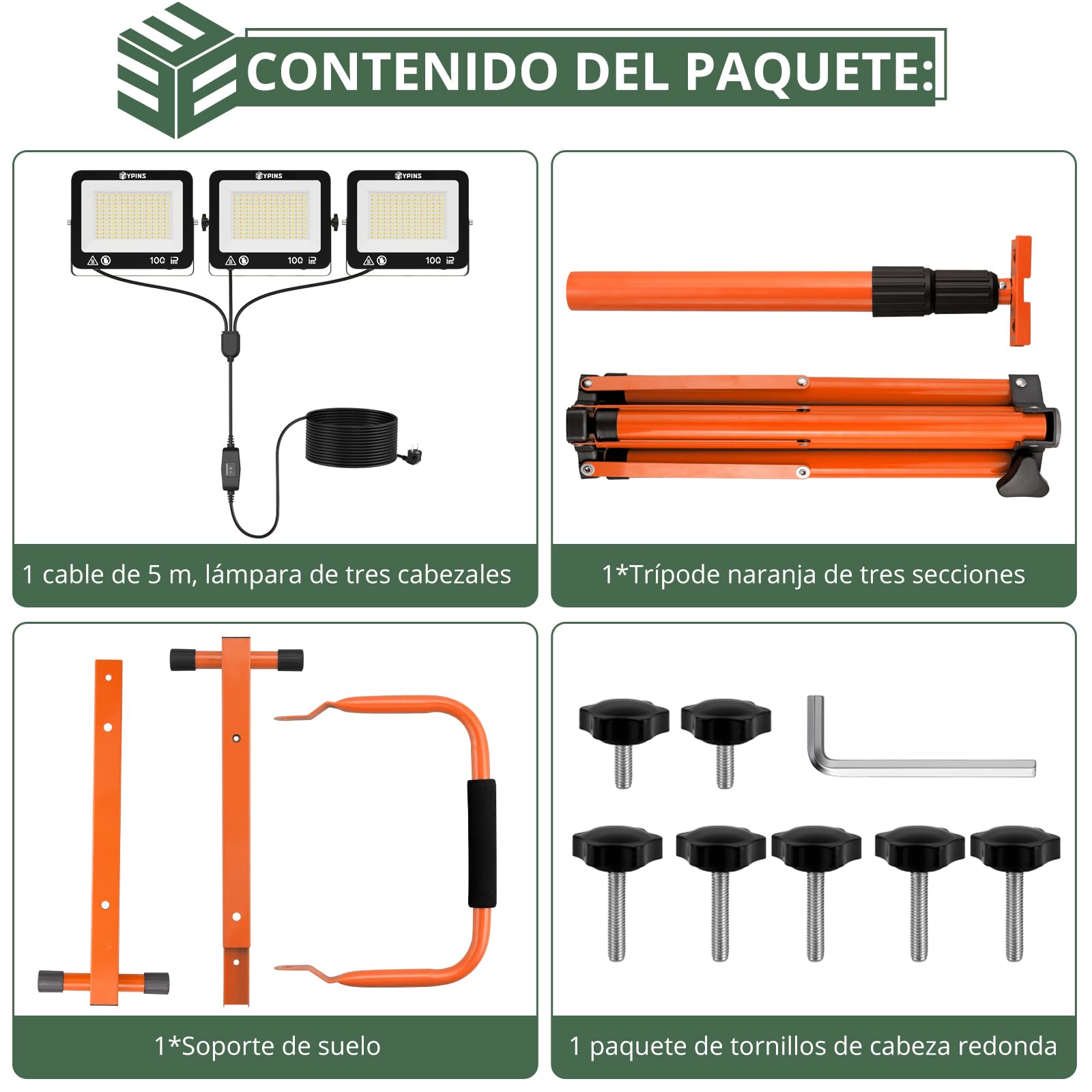 EYPINS 3×100W Foco LED de Trabajo con Trípode Telescópico 1.65m 28500LM | IP66 Impermeable, 3 Temperaturas de Color(3000K/5000K/6500K),5m Cable,Rotación 360°, Construcción Taller Reparaciones Jardin