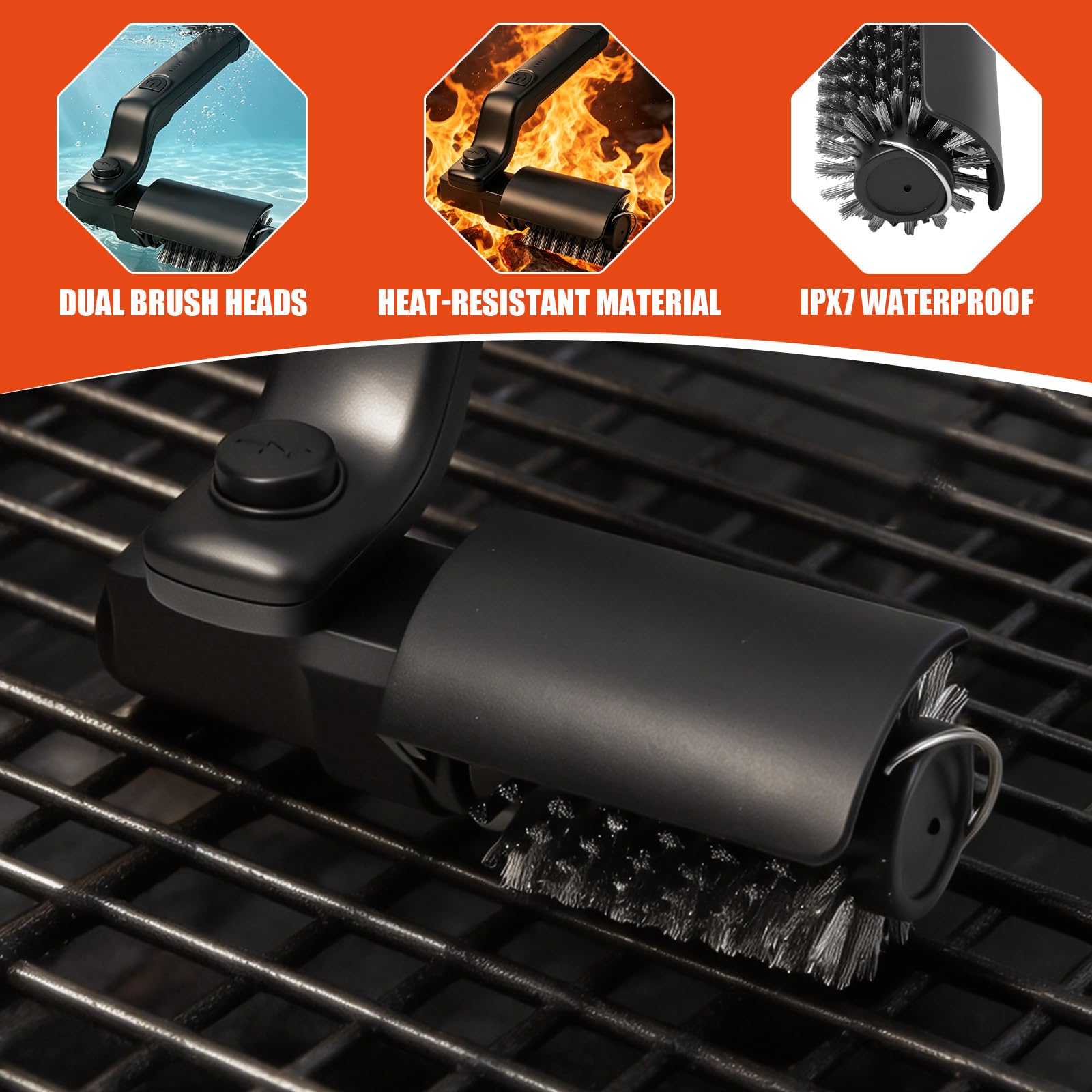 Spazzola Barbecue Elettrica 2-In-1, Spazzola elettrica per barbecue a batteria con Testa orientabile a 180°, motore a 3 velocità, 2 Testine, 90 minuti di autonomia, per griglia, affumicatore