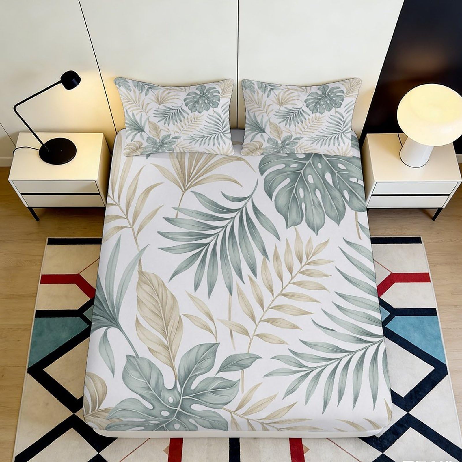 Jqzkxnhpbr Style-9 3D Printed Tropical Leaf Fitted Sheet Microfiber Soft Green Beige Botanical Bed Cover For Bedroom Guest Room Decor 90X200x25cm