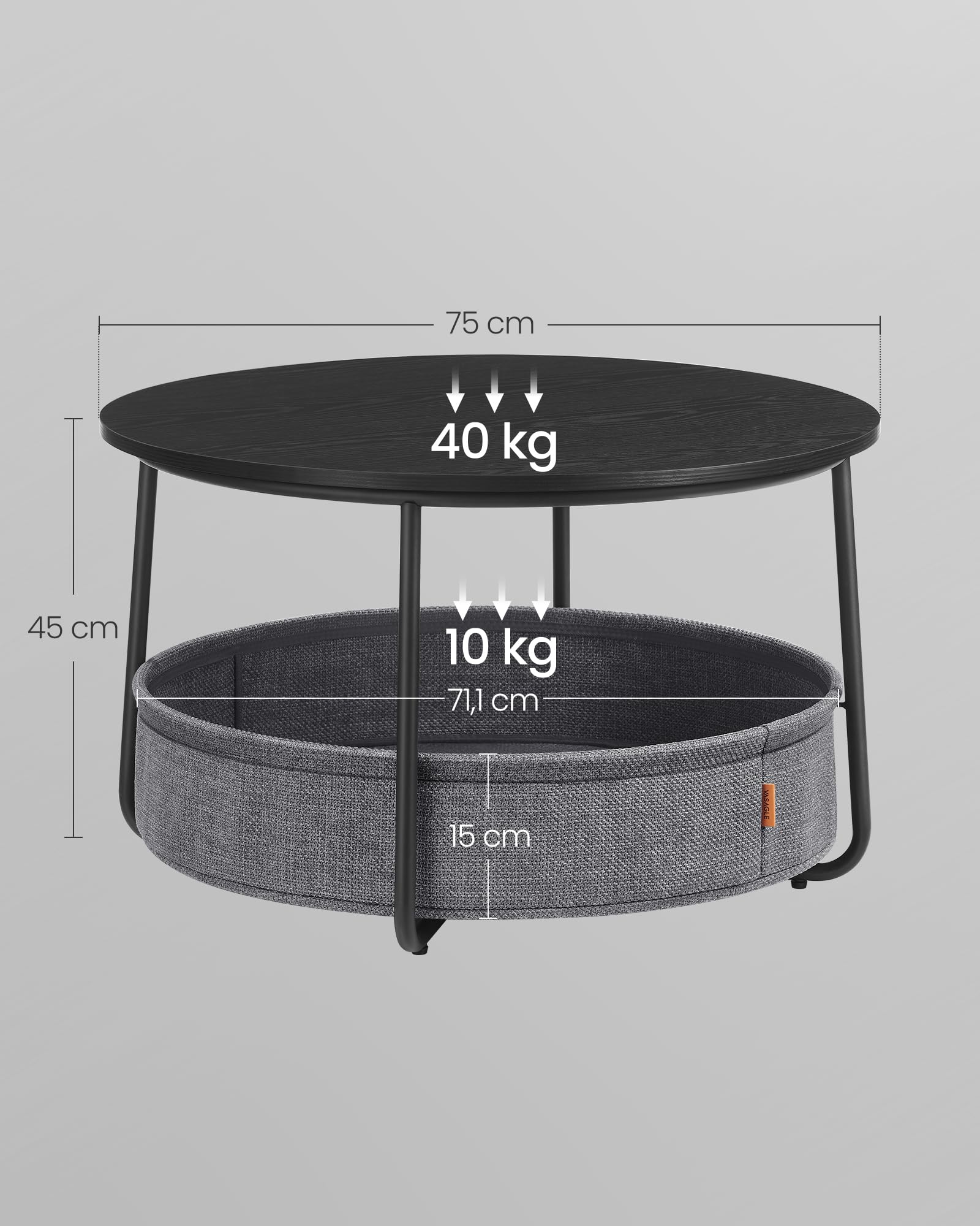 VASAGLE Bijzettafel rond, kleine tafel, salontafel klein, woonkamertafel met stoffen mand, opbergruimte voor woonkamer, slaapkamer, nachtkastje modern, Cement grijs-wolk wit LET223G49
