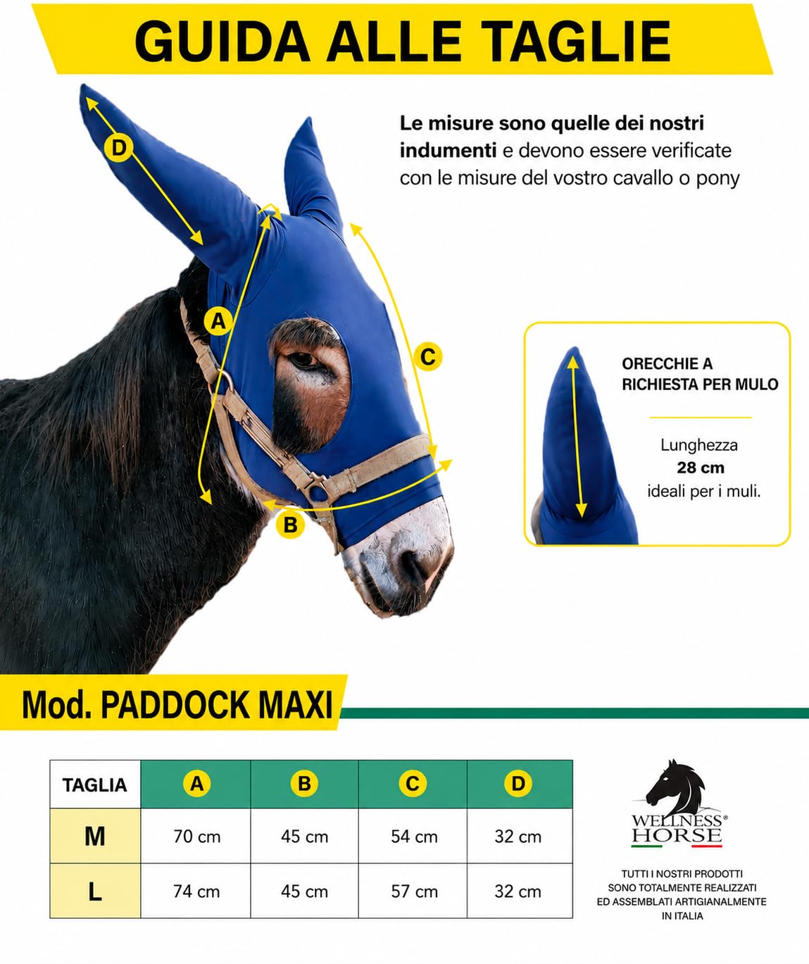 Maschera Anti Mosche per Asini con Orecchie Lunghe – Lycra Traspirante ed Elasticizzata – Mod. Paddock Maxi – 100% Made in Italy - M/MEDIUM