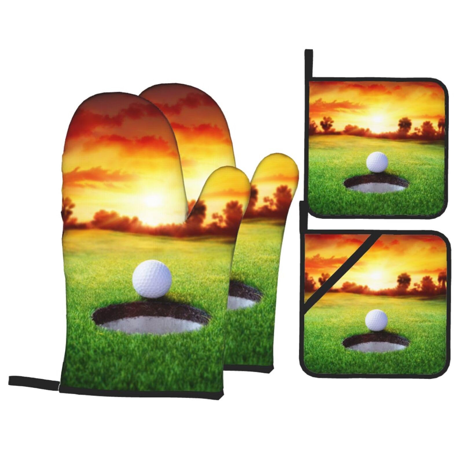 Sport Golf Ball Sunset Tree Print Stylish Heat-Resistant Oven 4-Piece Set Kitchen Gloves Roasting Daily Cooking