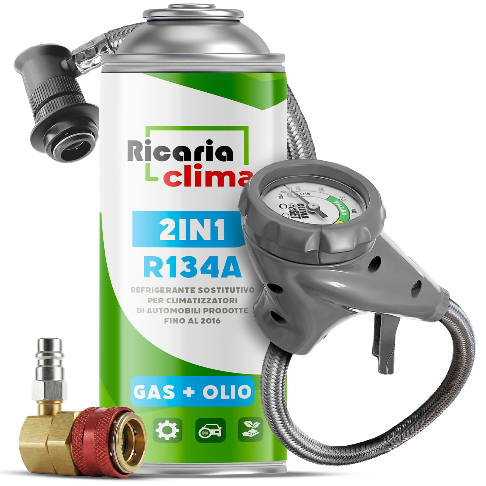 Remplaçant Fluide Réfrigérant R134a Gaz 1x 235 g avec Tuyau et Adaptateur HP/LP pour Climatisation – Recharge Climatisation Automobile – Gaz R134a – Cartouche de Gaz – ECO