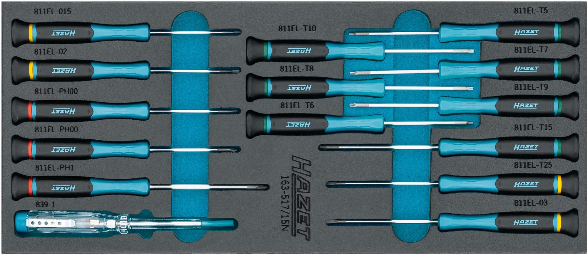 HAZET Zestaw wkrętaków Electronics 163-517/15N, 15-częściowy, PH00-PH1, T5-T15, płaski, krzyżakowy, wewnętrzny TORX, z testerem fazy, do precyzyjnych prac
