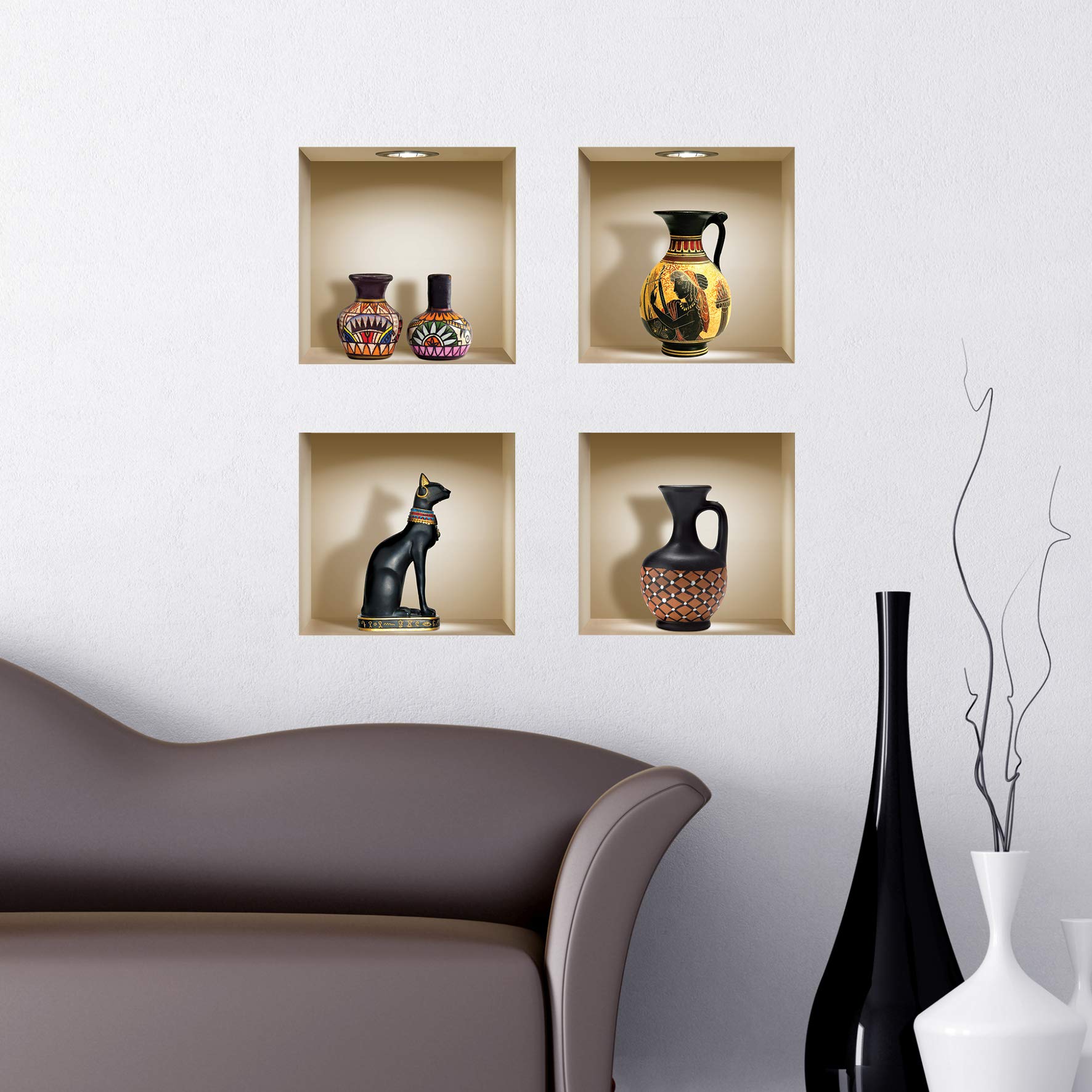 3D-Mirage 4 PC Pack Art Magic Peel and Stick 3D Vinyl Removable Wall Sticker Decals DIY Sticky Backsplash, Egyptian and African Pitchers 414N-MI