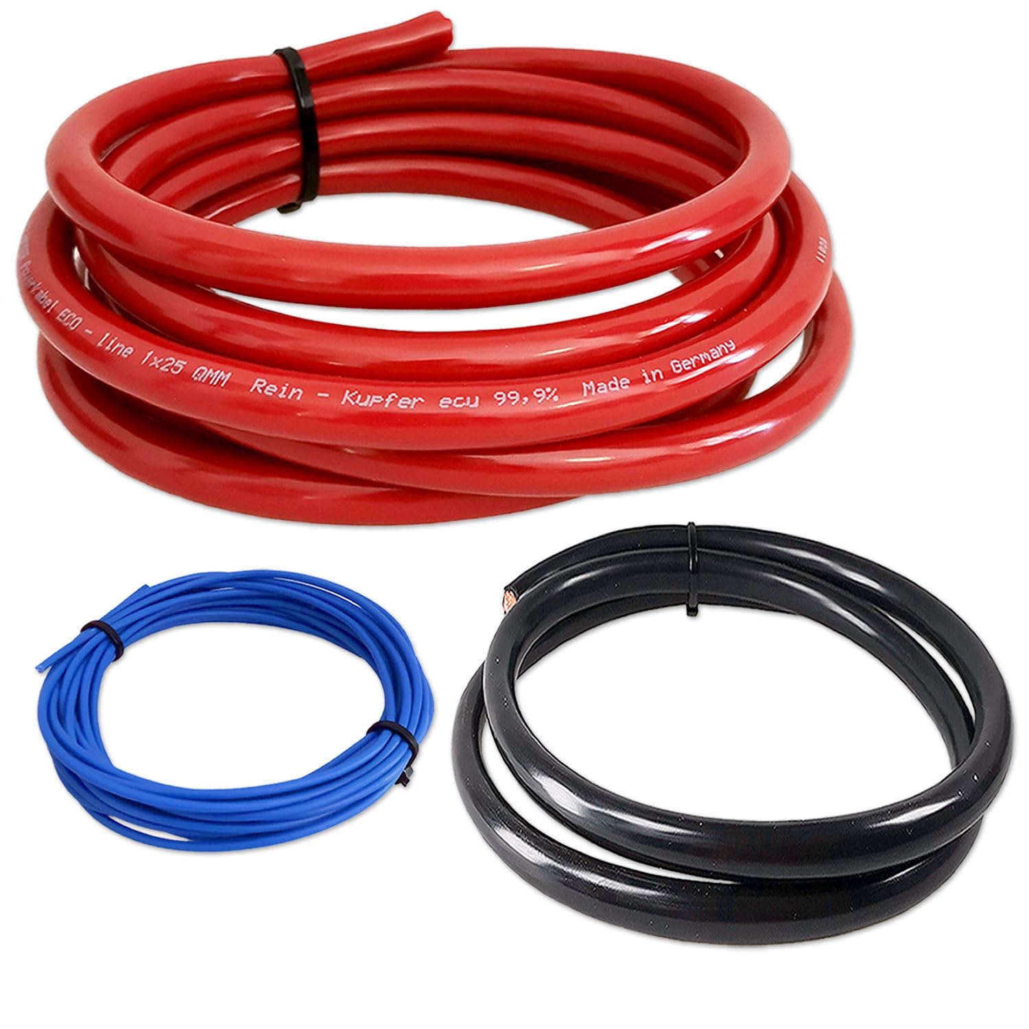 Kabelset CK-PRO-25-6 12 V 24 V bis 32 V | 5 m rot + 1 m schwarz 25 mm² Vollkupfer | 100 A Midi-Sicherung | Car-HiFi Zweitbatterie