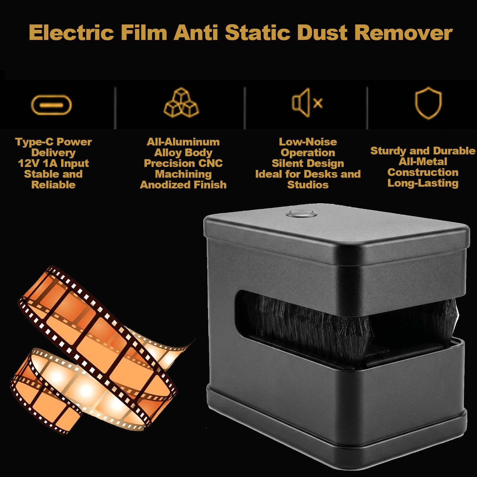 Removedor de polvo de película eléctrica, cepillo de limpieza antiestático, doble cara, bajo ruido, perfecto para negativos de 4 x 5, película deslizante y imágenes en movimiento