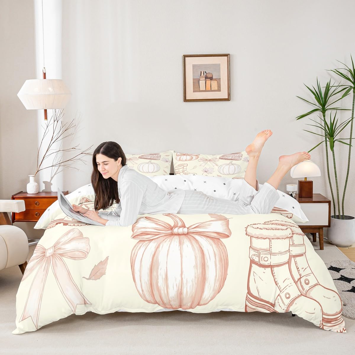 Homewish Bow Super King poszewka na kołdrę dynia zestaw pościeli kokarda liście klonu kapelusz but beżowy pomarańczowy poszewka na kołdrę dziewczyny kobiety dzieci ciepłe miękkie zestawy pościeli