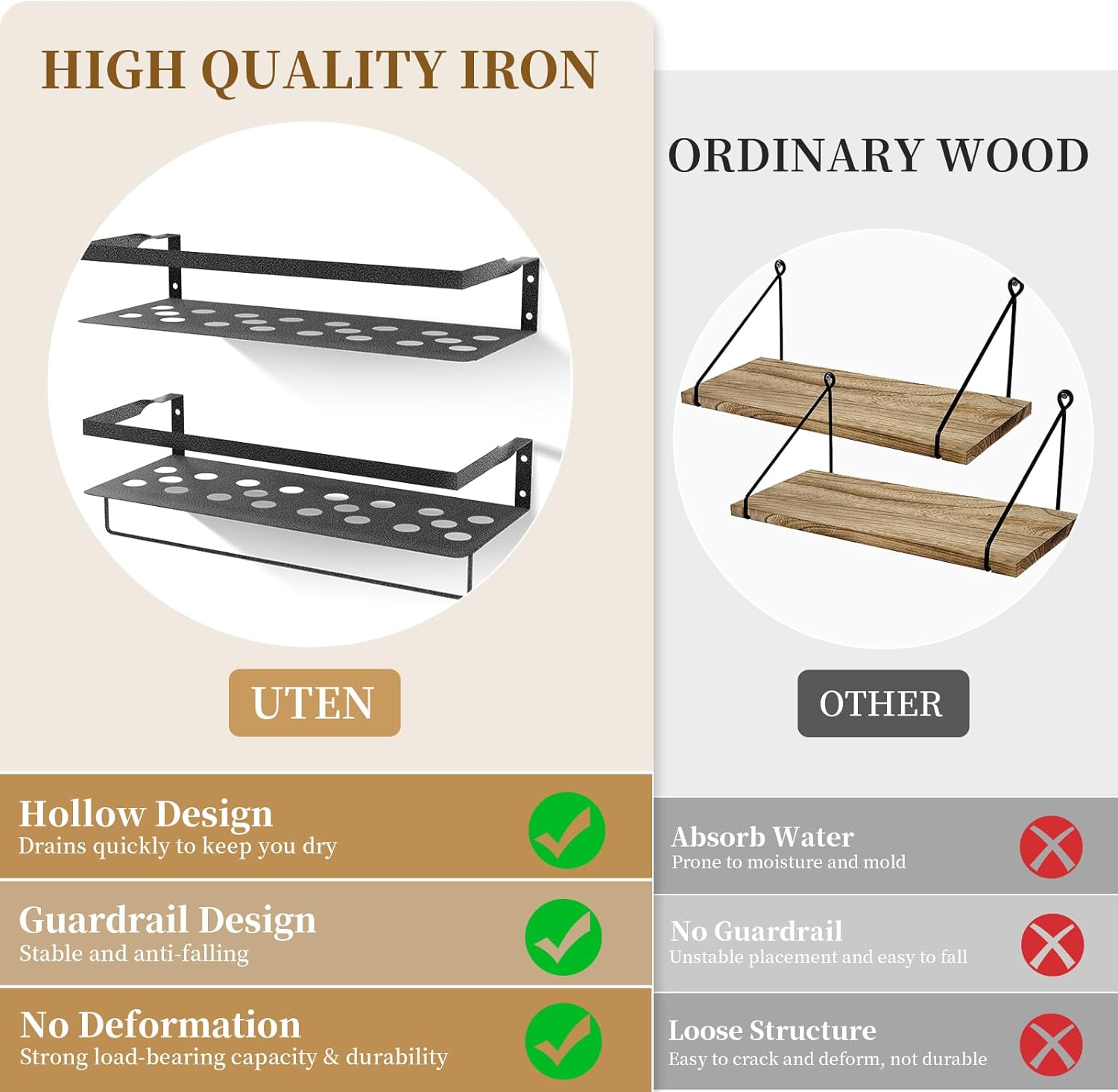 Uten Floating Shelves, Wall Mounted Iron Shelves Set of 2, Bathroom Storage Iron Shelves with Towel Rack, Wall Hanging Organizer Decor Shelf for Bathroom, Kitchen, Bedroom, Living Room