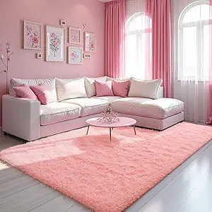 Zentavio Pink Rugs for Girls Room 5x8 Area Rugs for Living Room Cute Carpet for Bedroom Washable Soft Fluffy Shag Aesthetic Plush High Pile Throw Rug for Nursery Kids Room Dorm Room