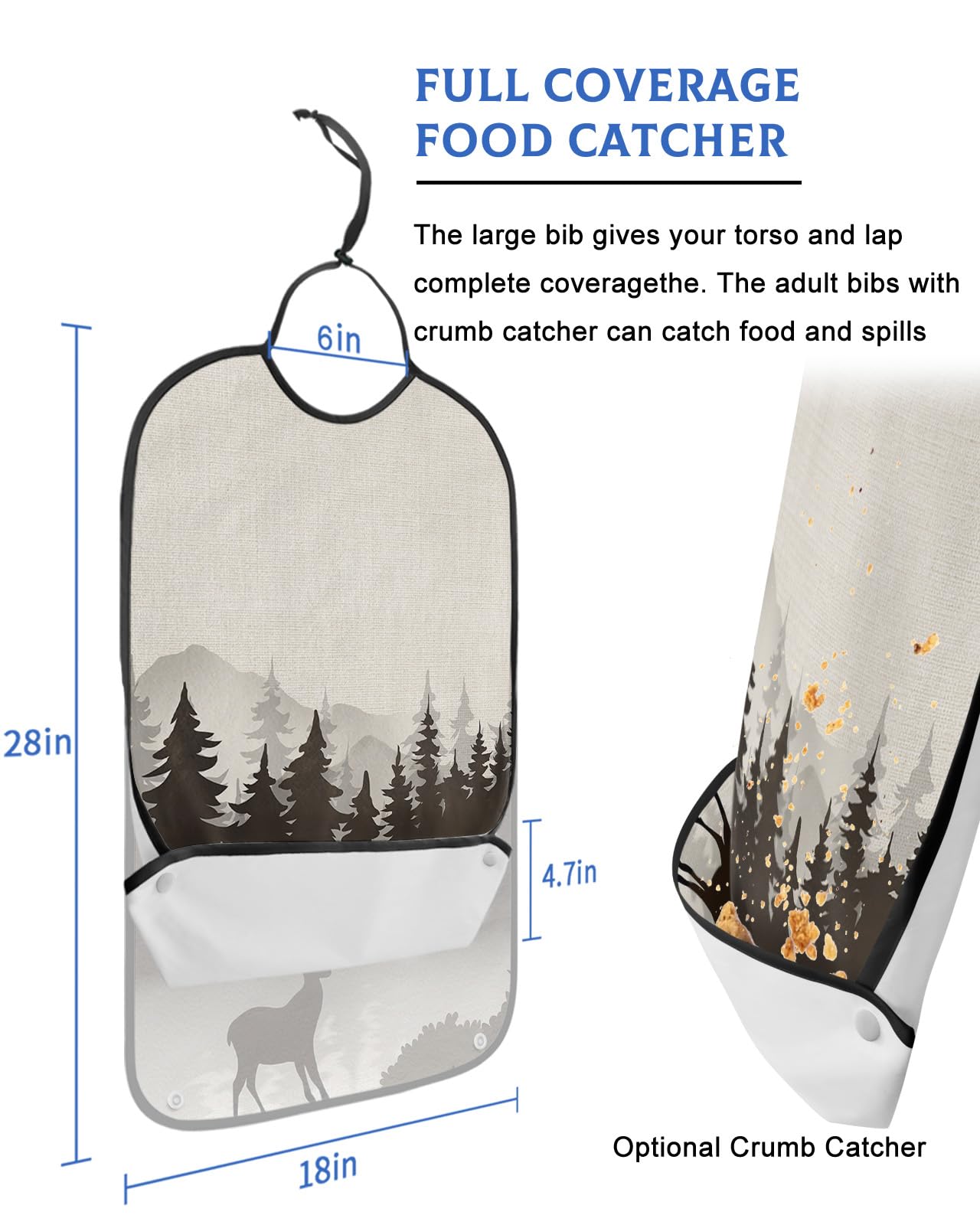 LEOKOTI Brown Forest Adult Bibs for Eating, Waterproof Bibs with Food Catcher & Adjustable Snap Closure, Cartoon Elk Animals Farmhouse Washable Clothing Protectors Adult Bibs for Elderly Women/Men