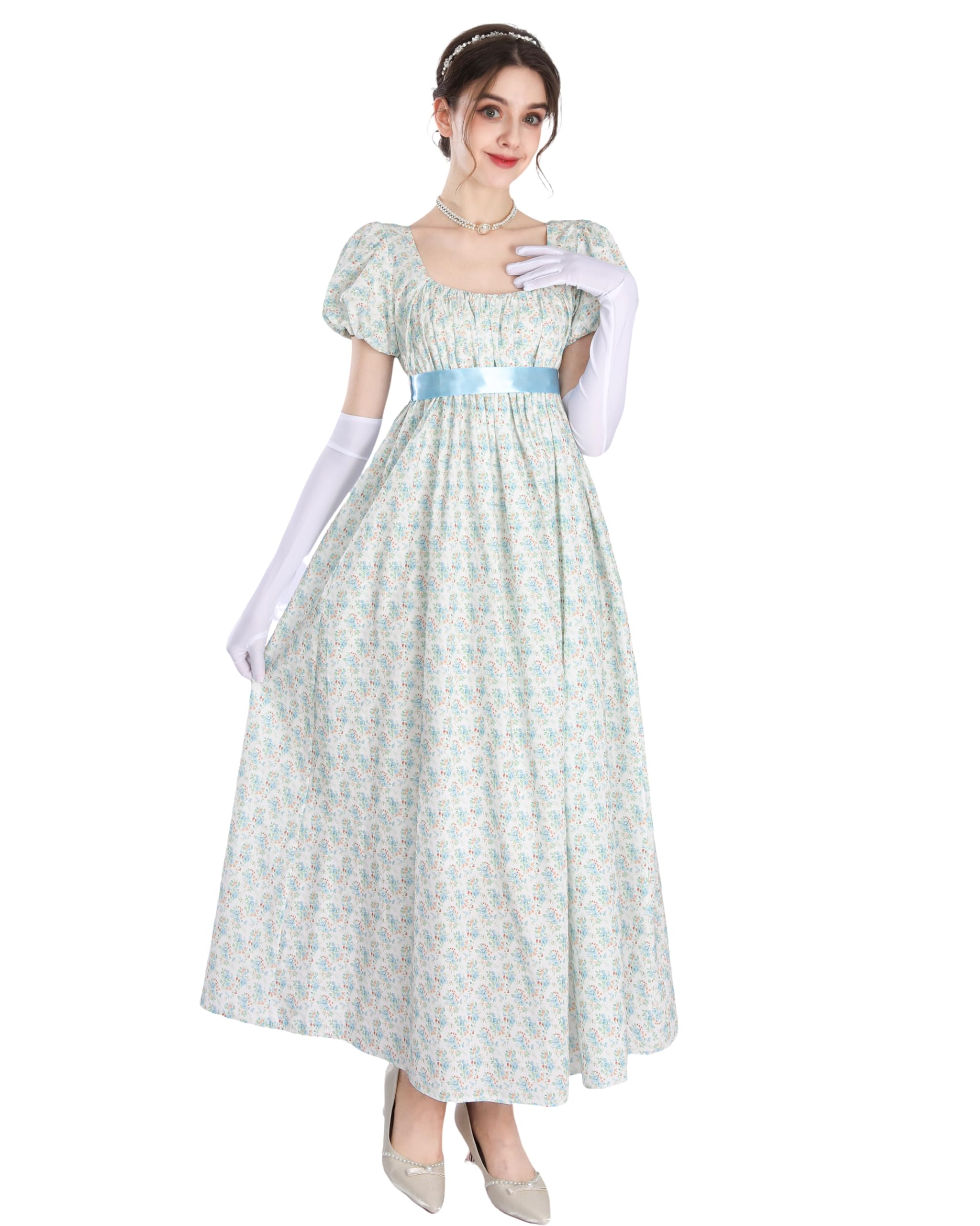NSPSTT Regency Dress for Women - Floral Empire Waist Long Tea Party Dress with Gloves, Blue Floral, M, Blue 1023 - Image 2