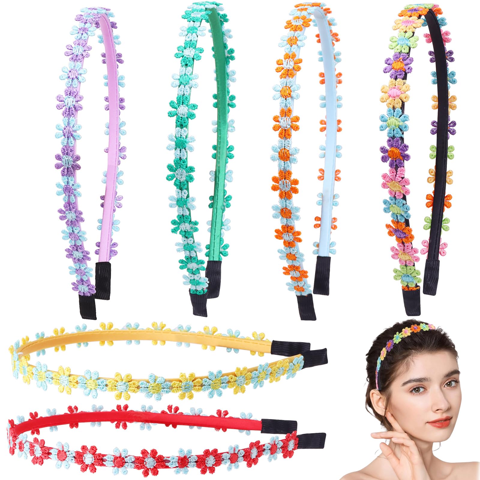 WUERKIYA 6Pcs Flower Crown Headband, Daisy Flower Wreath Headband Hair Band, Headpiece Multicolor Boho for Women Girls
