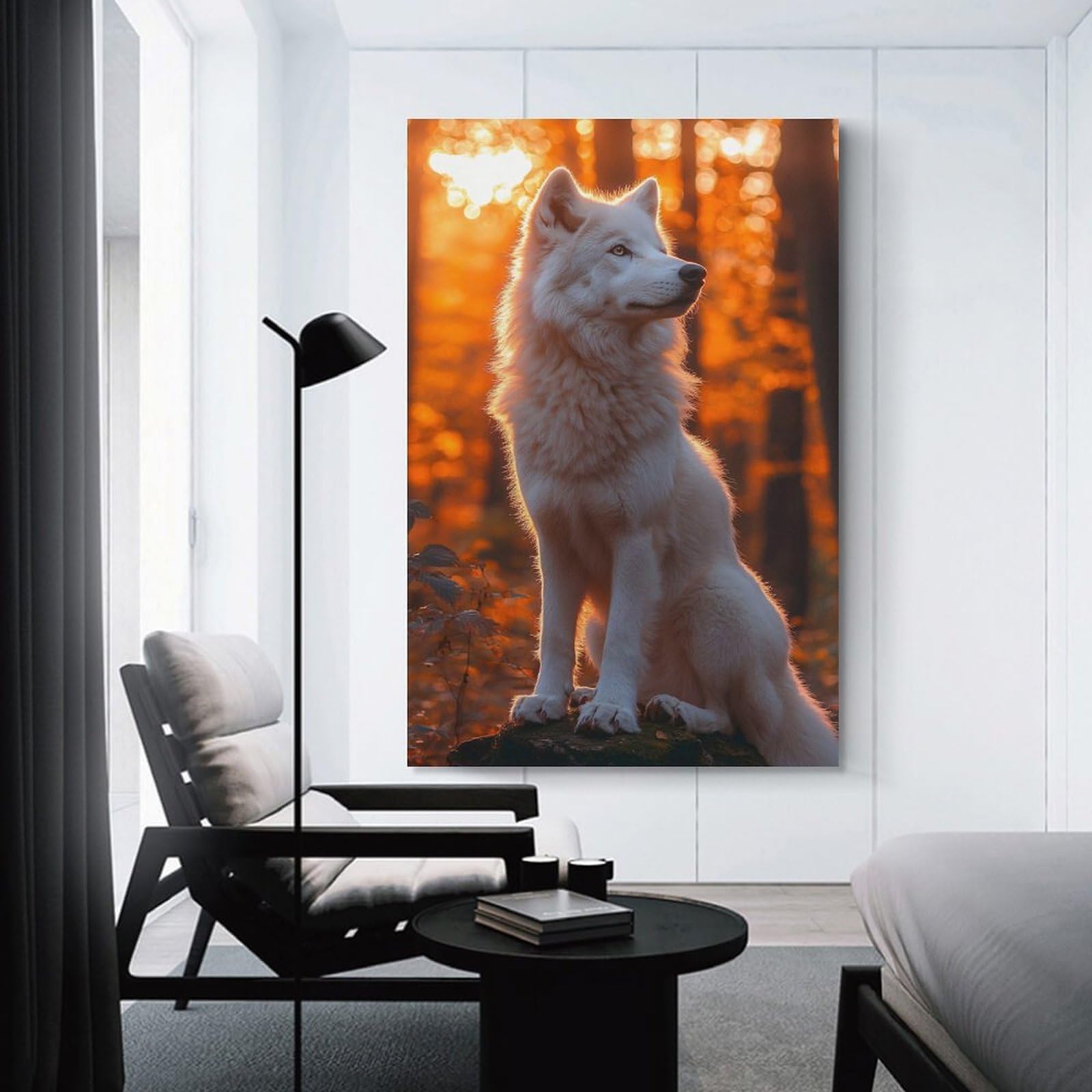 Junmoney White Wolf in Autumn Forest Decorative Canvas Print, 20x30inch(50x75cm), for Hallway, Bedroom Or Modern Interiors, Gift Idea for Housewarming And Birthdays