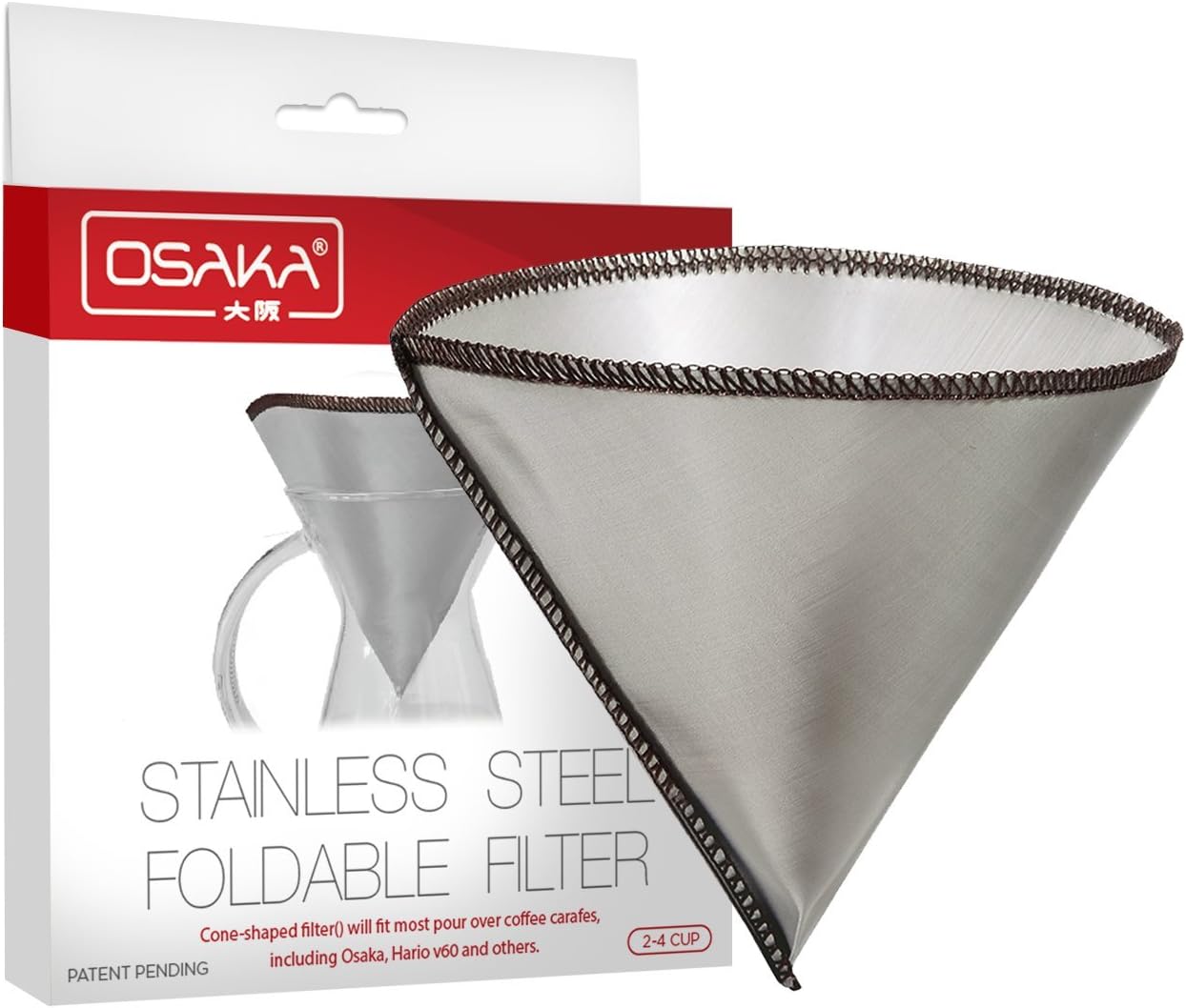 Osaka Foldable Stainless Steel Mesh Coffee Filter, Reusable and Paperless Pour Over Cone Shaped Filter for Osaka, Chemex, Hario, Bodum and Other Carafes - Eco-Friendly