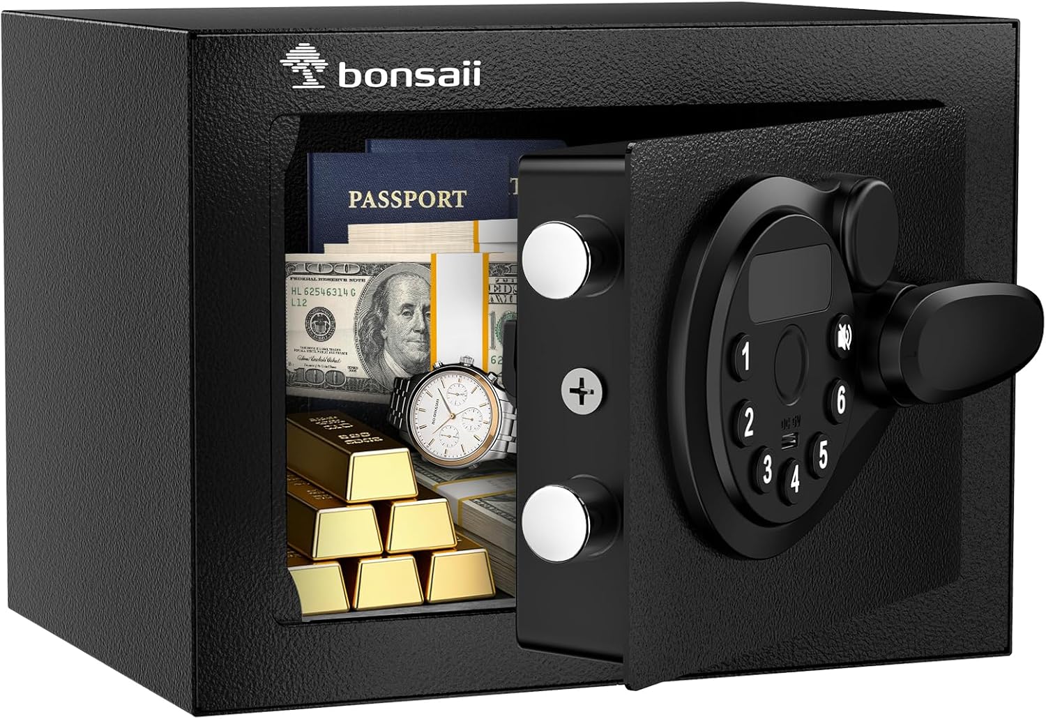 Bonsaii Safe Box with Electronic Keypad, Steel Security Lock Box with Key, 0.23 Cubic Feet, 9.06″ W x 6.69″ D x 6.69″ H, Small Hidden Safe for Cash Jewelry
