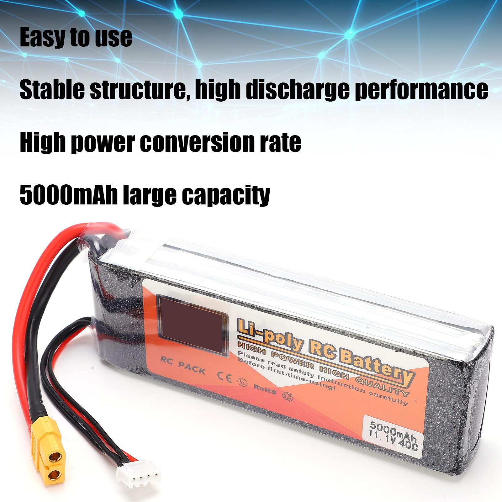 Batería de Litio, 11.1V 5000mAh 40C Lipo Battery XT60 Plug 3S Batería Recargable para RC Racing Drone