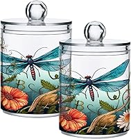 Vista 1 de Dragonfly Flowers 21214450 - Dispensador de soporte Qtip con tapas, contenedores de almacenamiento de plástico, organizador de recipientes de baño