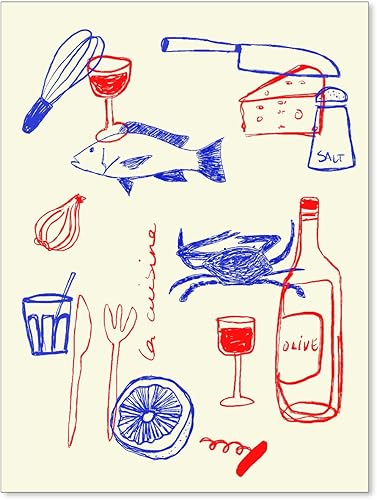 Lienzo vintage de cocina rojo y azul para pared, póster retro de moda, líneas minimalistas, estéticas, para cocina, comedor, decoración de pared, 08