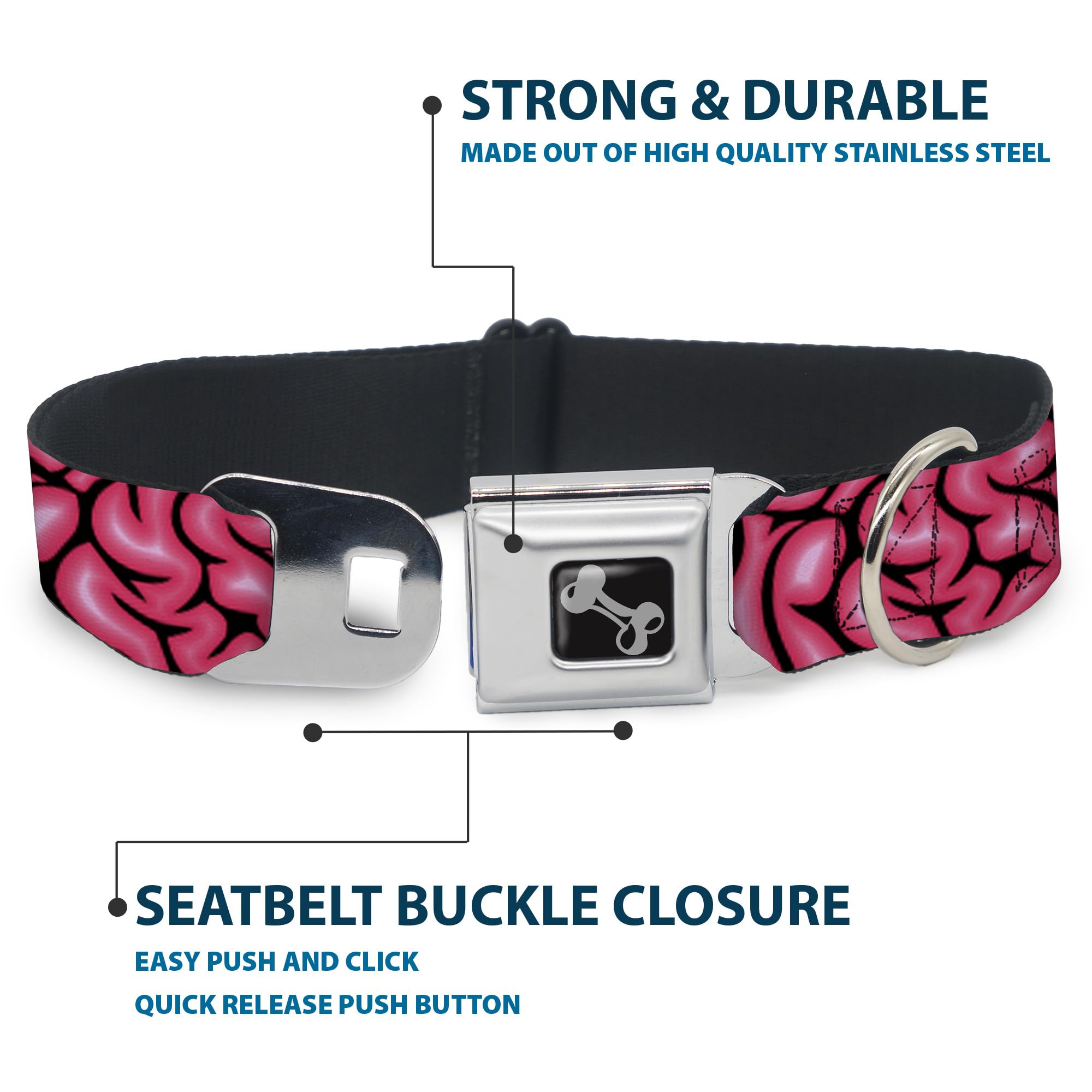 Buckle-Down 33-45 cm Brains czarna/różowa obroża dla psa, szeroka, mała