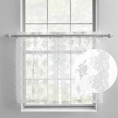 Kotile Cortinas de encaje para cafetería, cortinas de cocina vintage con bordado floral campestre de 24 pulgadas de largo, juego de 2 paneles de 2