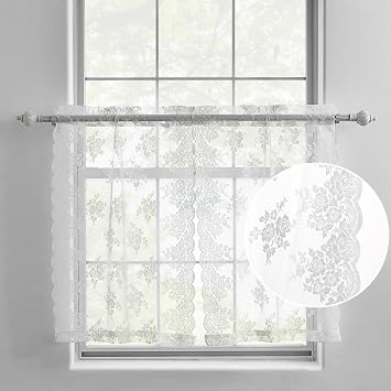 Kotile Sheer Cafe Curtains 36 Inch Length, Floral Embroidered Vintage Kitchen Cafe Curtains 2 Panels Set, Rod Pocket Privacy Short Lace Curtains for Small Windows, 26 x 36 Inch, White