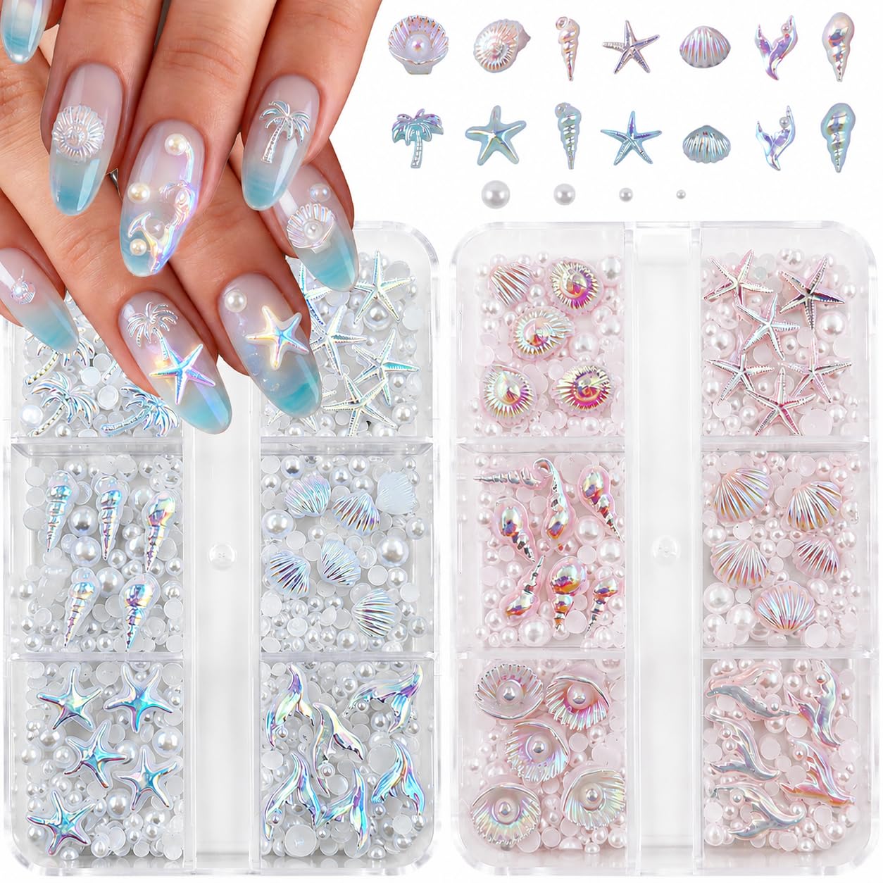 Nail Charms, 2Boxes Aurora Ocean Nail Gems Charms, 3D Resin Laser Blue Pink Mermaid Palm Tree Seashell Starfish Summer Charms for Acrylic Nail Art Alloy Nail Rhinestones for Women DIY Accessories