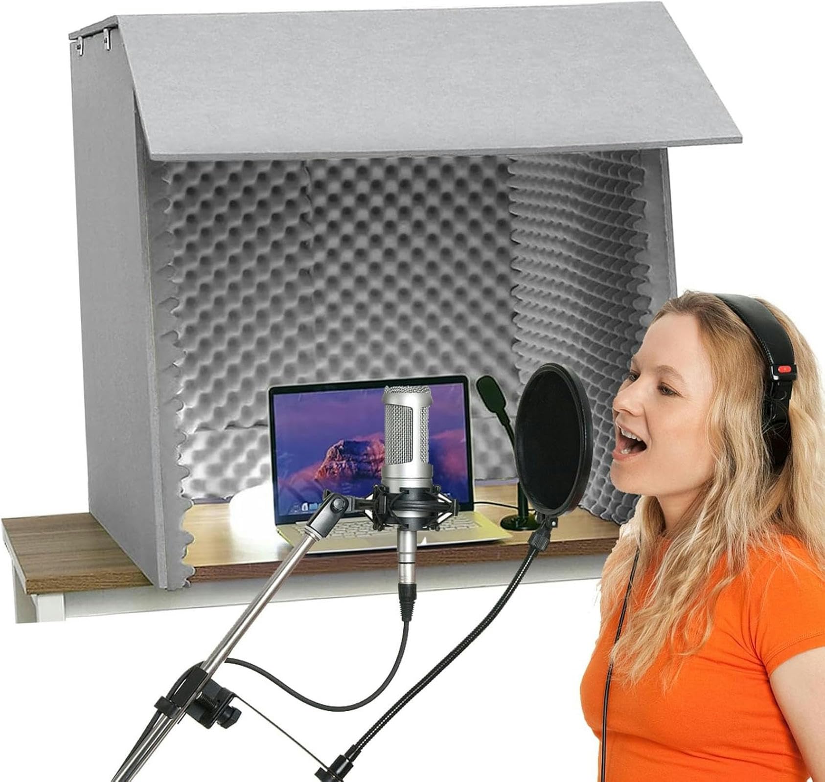 Filtrer le son du microphone avec cette enceinte insonorisée de bureau 80x80cm bleue