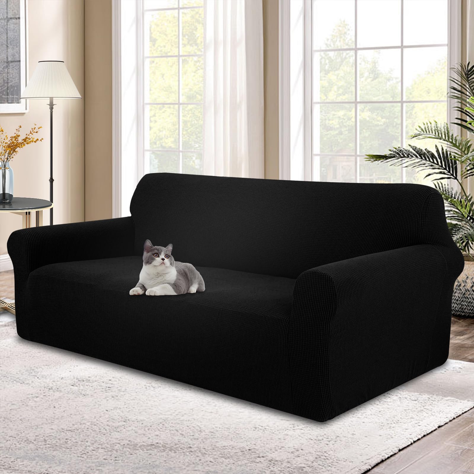 Stretch Sofaüberzug waschbar Rutschfester Möbelschutz mit elastischem Bund & Schaumstoff Kratzfester Sofabezug für Kinder,Hunde und Haustiere(XL Large/Black)