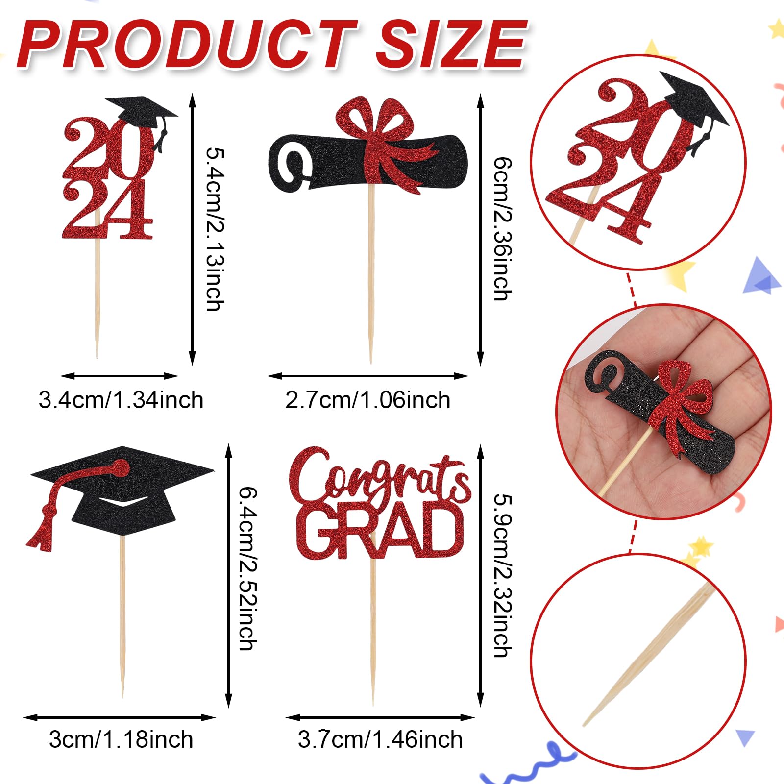 XIHIRCD 36pcs Graduation Cupcake Toppers 2024, Glitter Grad Cap Diploma Cupcake Toppers 2024 Graduation Party Supplies Decorations for Graduation Themed Ceremony Birthday Party (Red)