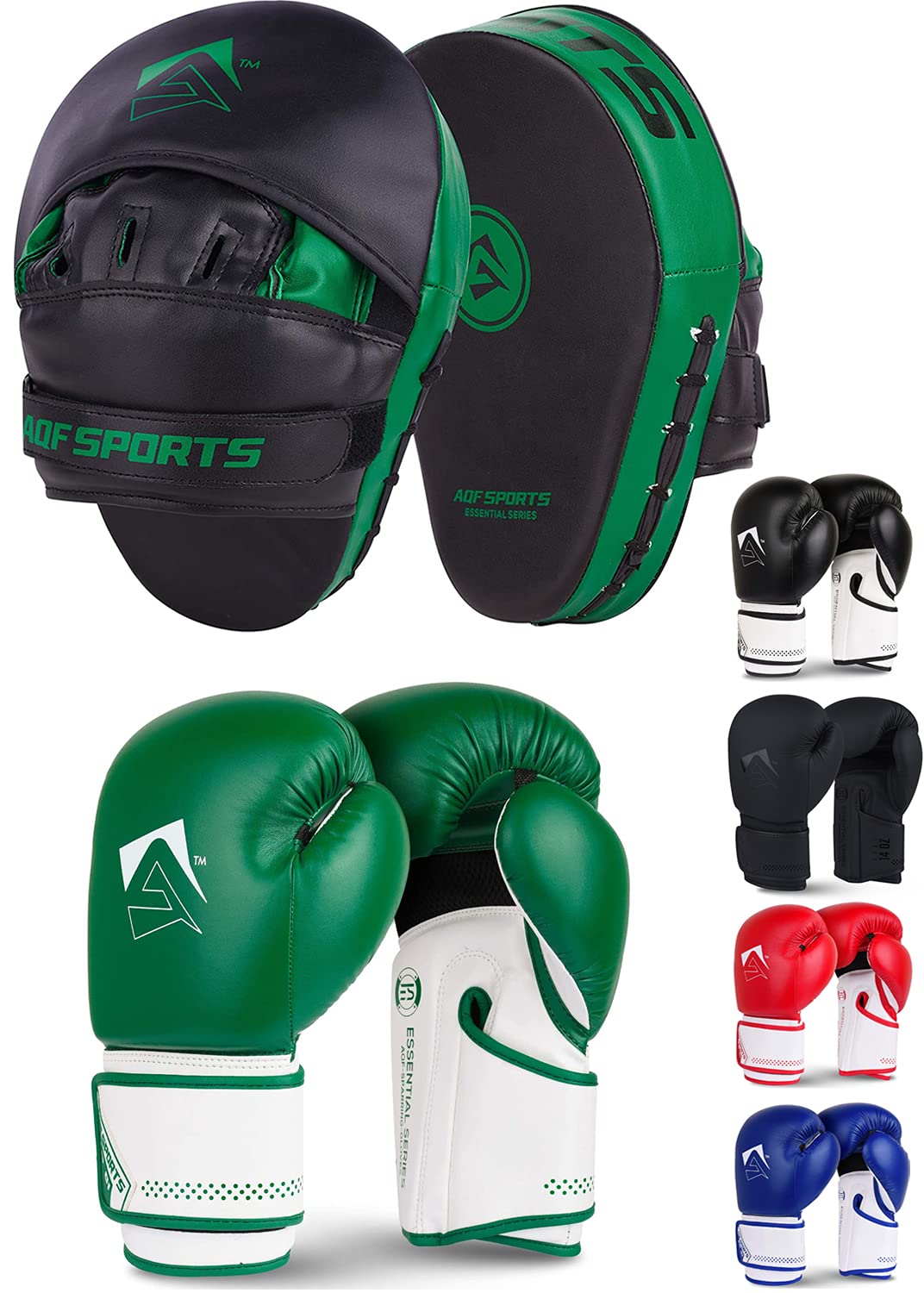 AQF Boxing Gloves & Pads Set for Training Kickboxing & MMA Muay Thai Punching Glove with Curved Boxing Pads for Coaching Martial Arts (16oz, Green)