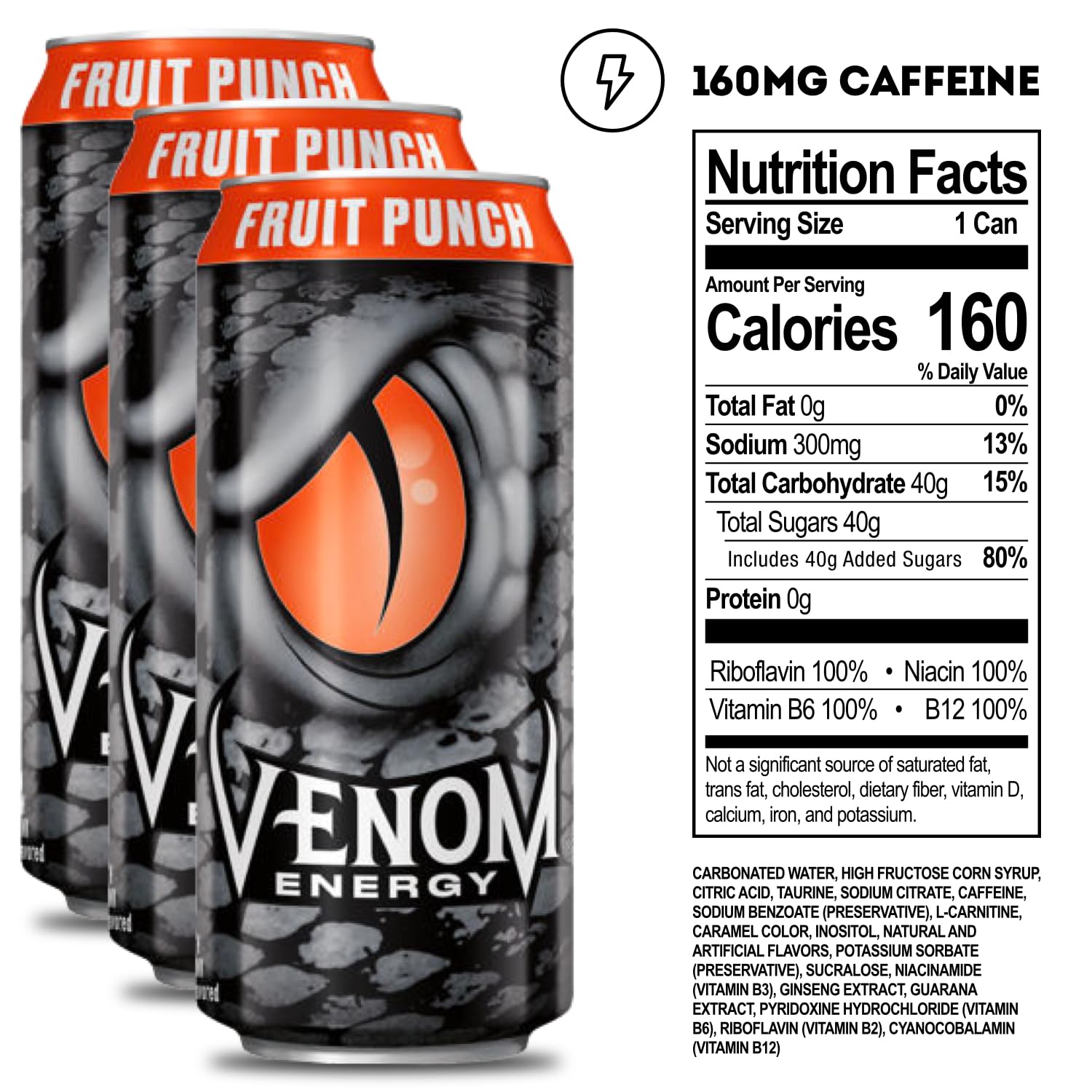 Venom Energy Drink, Fruit Punch, 0 Fat, 160mg Caffeine, 16 Fl Oz (Pack of 12) By LastFuel.