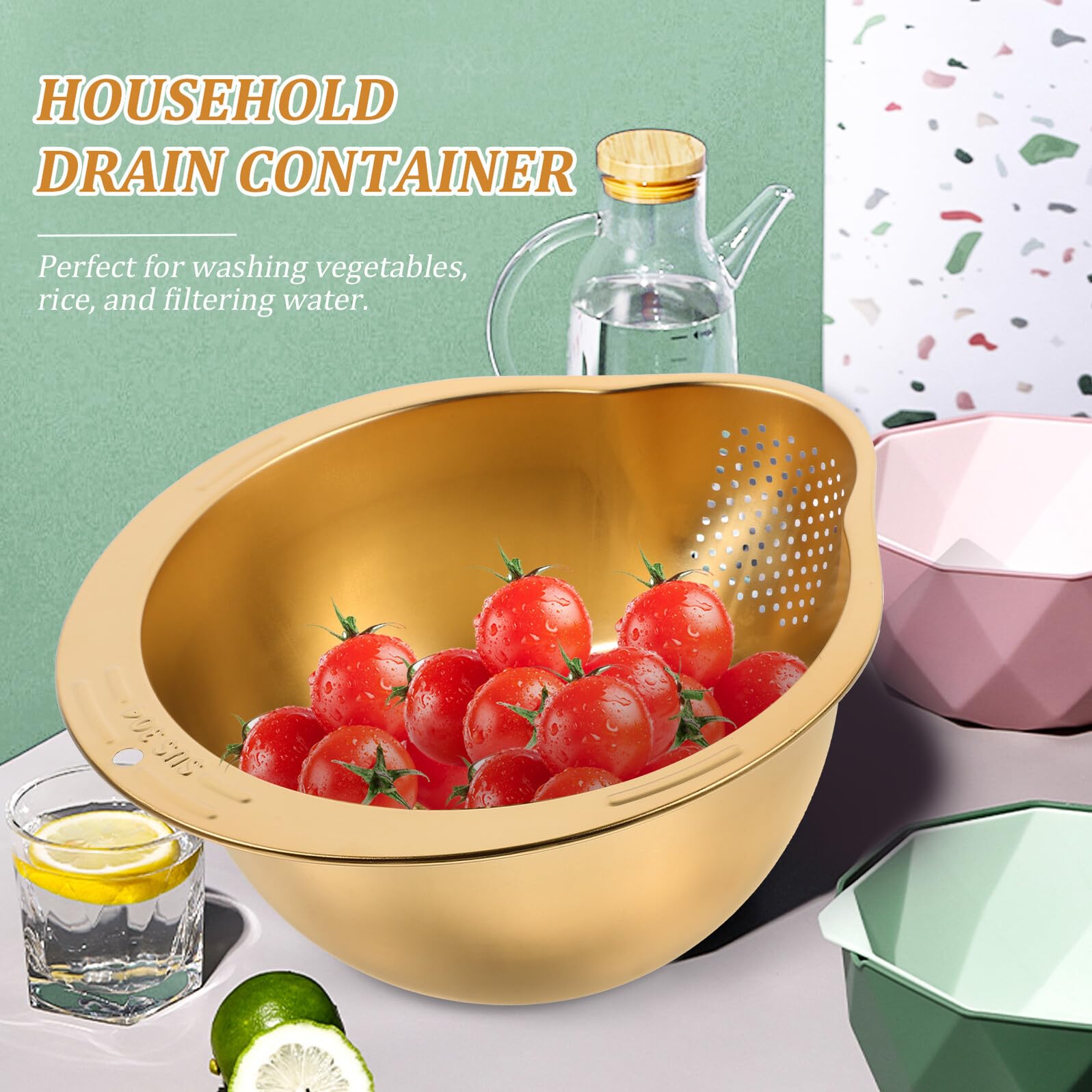 Cesta de Lavado de Acero Inoxidable Dorado para Cocina, Multiusos | Malla Fina, Enjuague de Arroz y Verduras, Superficie Lisa, Elimina Impurezas y Sedimentos, Uso Diario