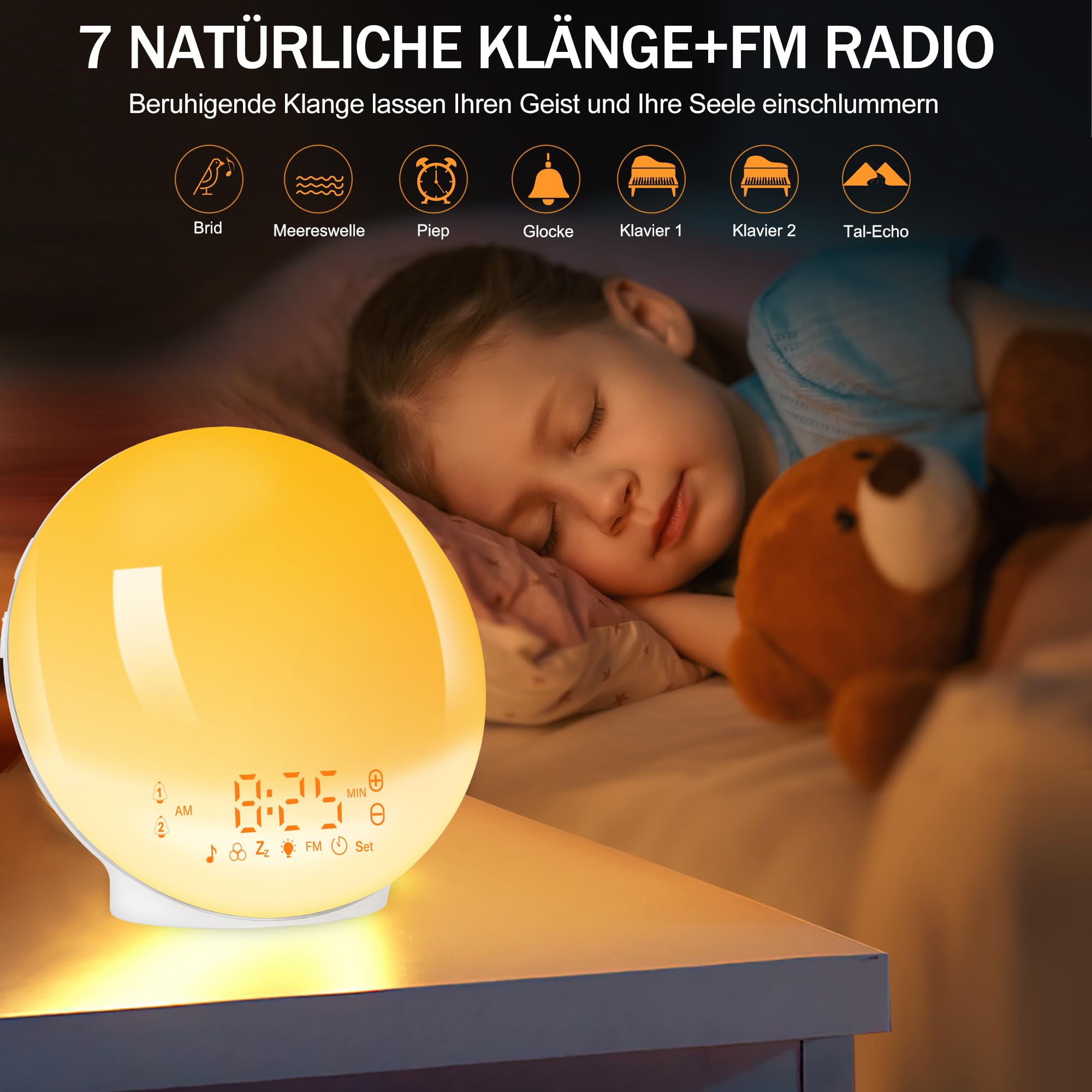 Budzik świetlny, budzik, światło dzienne, symulacja wschodu słońca, z dwoma alarmami, 7 dźwięków natury, 11 kolorów światła, 20 jasności, lampka nocna dla dorosłych