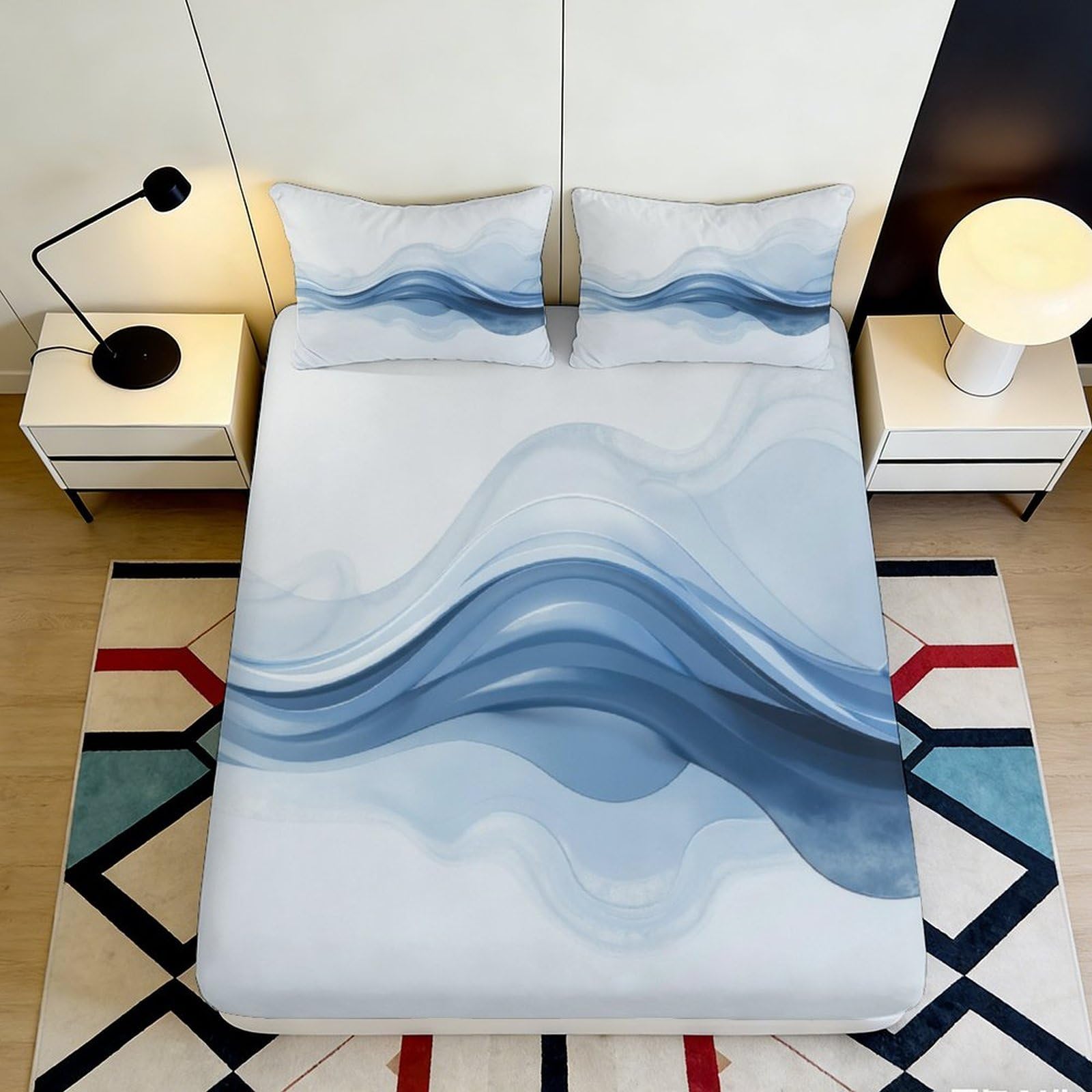 Tjiqhvmrn Style-4 3D Printed Blue Wave Fitted Sheet Microfiber Deep Pocket Non-Slip Bedroom Bedding Blue Wave Mattress Fitted Cover Washable 90X200x25cm