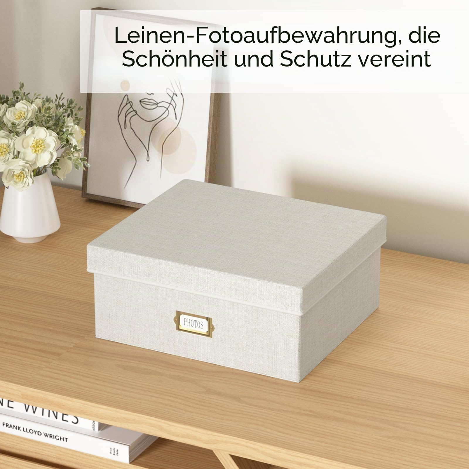 Dekorative Foto-Aufbewahrungsbox, Leinen-Fotobox für 1700 Bilder à 10 x 15 cm, Beige