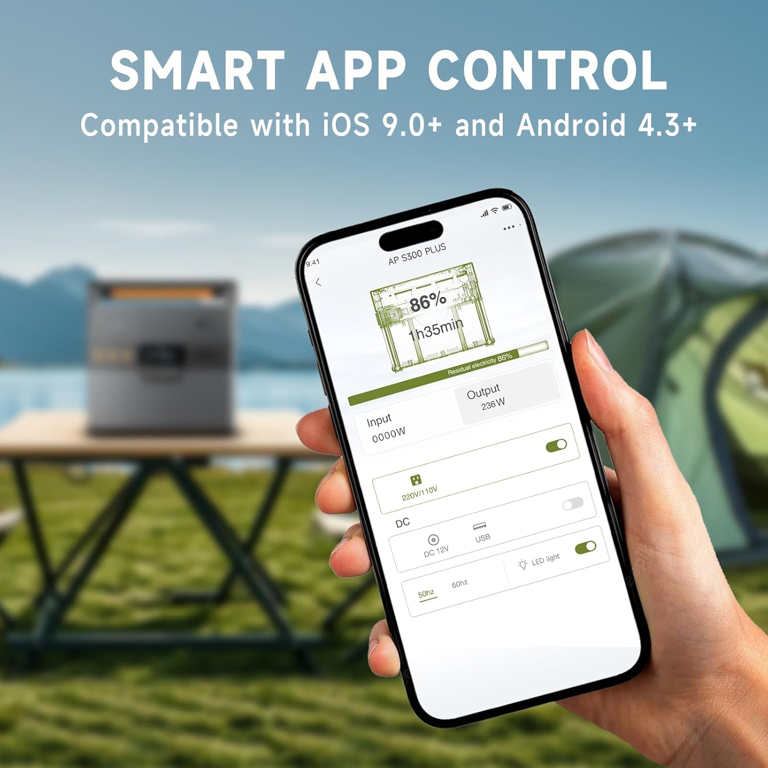 Smartphone displaying ALLPOWERS app interface for power station control