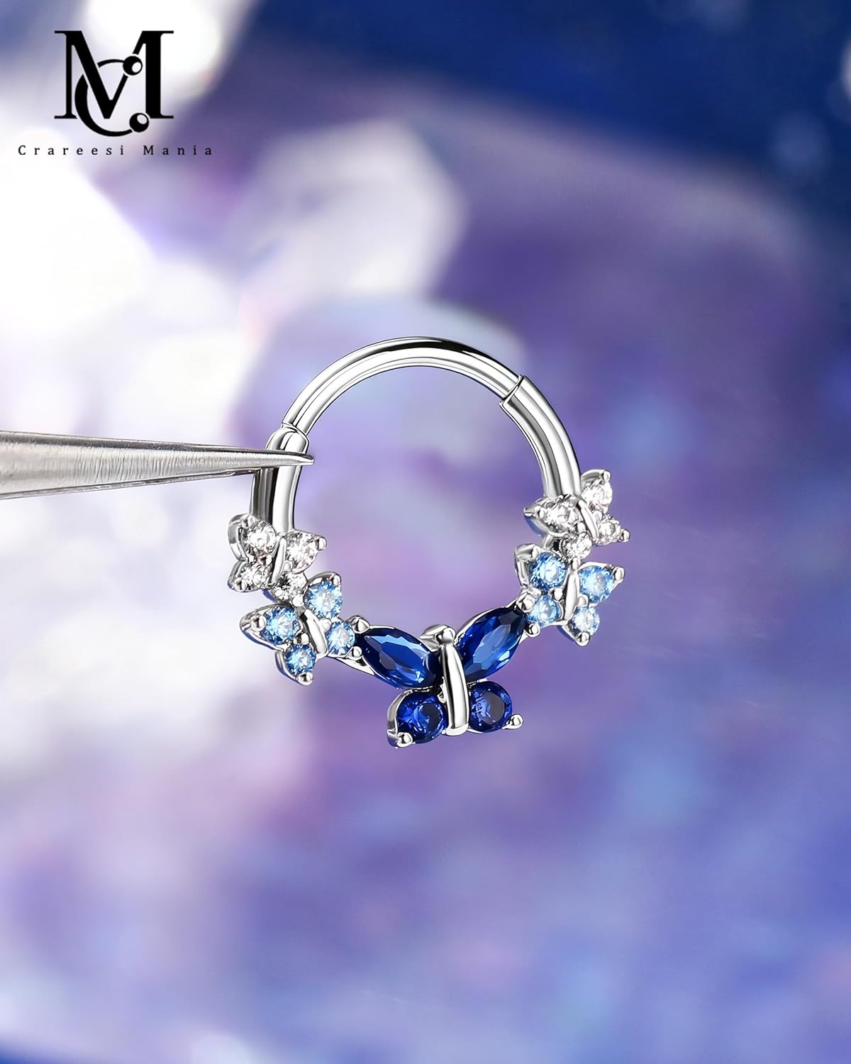 CM Crareesi Mania Spring Septum Rings, Cute Butterfly Septum Piercing Jewelry, 16G Septum Nose Rings for Women, 316L Surgical Steel Blue Daith Helix Earrings Hoop - Image 6