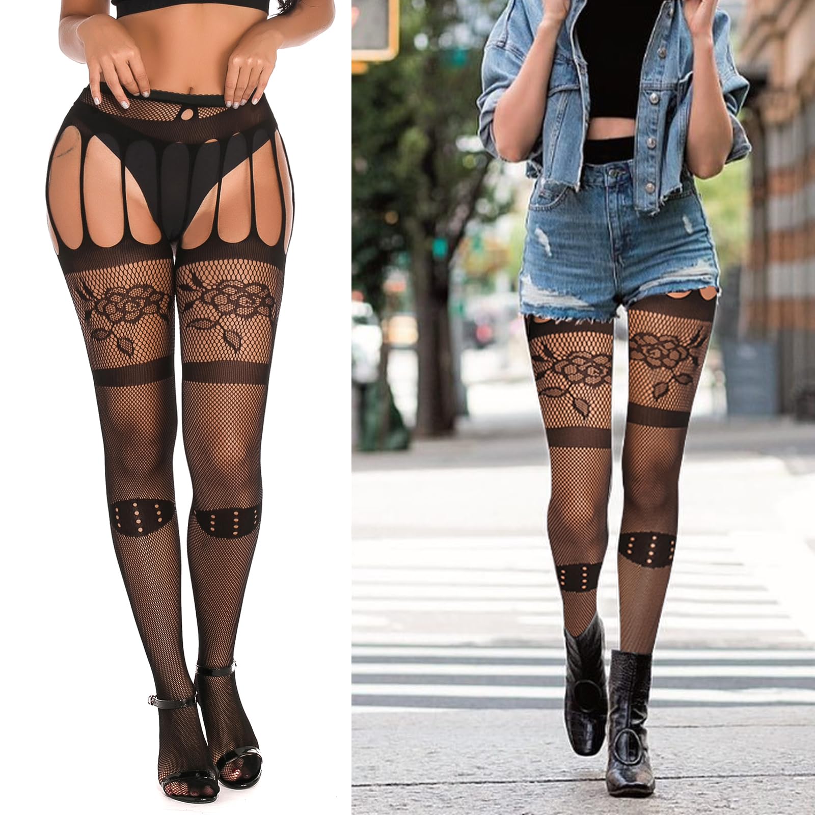 SOUTHRO 5 Pairs Fishnet Thigh High Garter Stockings Patterned Tights for Women,Garter Belt Set & Suspender Pantyhose for Girl: One Size D-5pcs