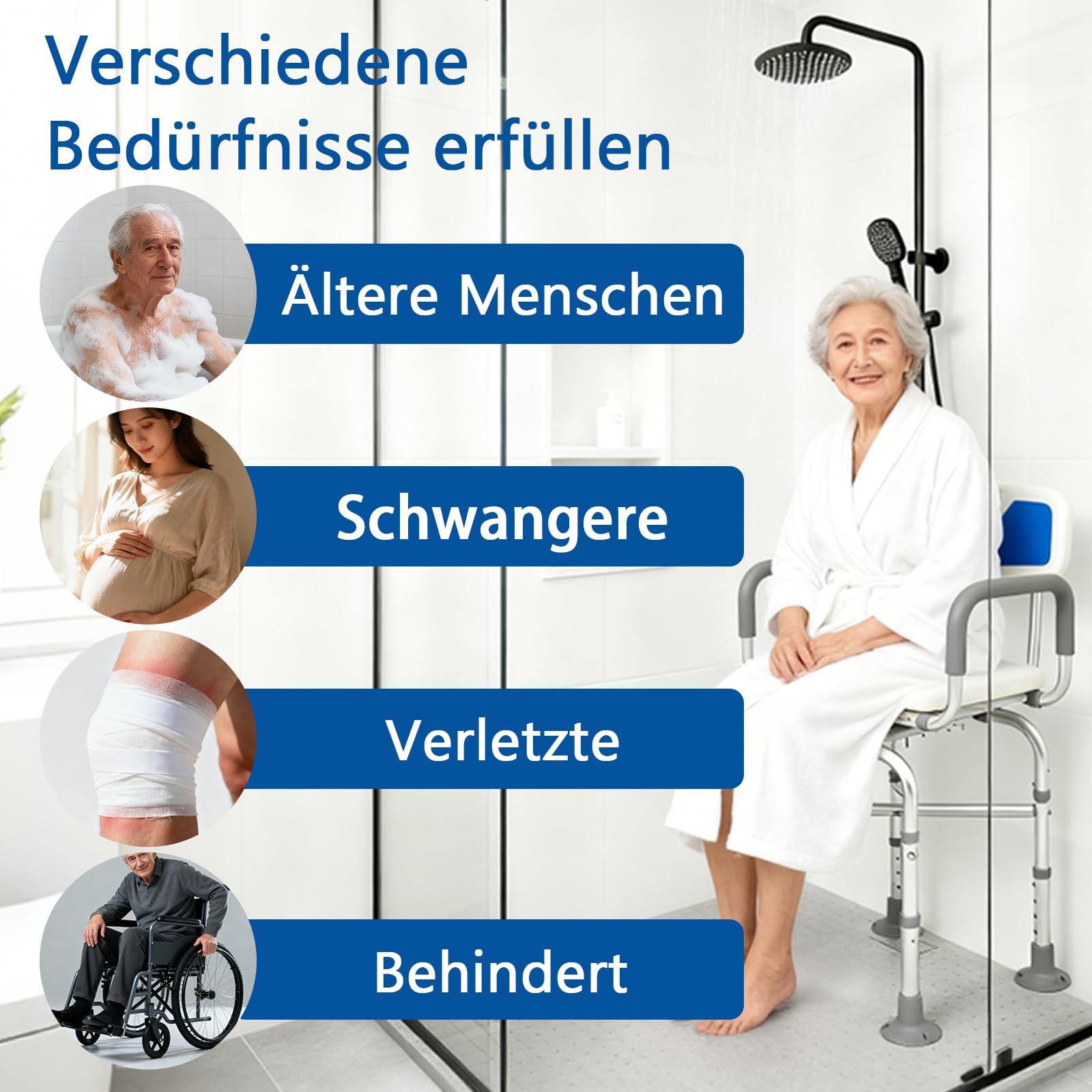 U 2-Stufig Extra Breit Duschstuhl für Senioren, 360° Drehbarer Duschsitz, Duschstuhl mit Armlehnen und Rückenlehne, Badhocker für Die Dusche, Duschhocker Höhenverstellbar, Duschhocker für Senioren