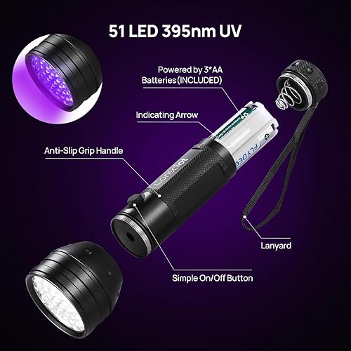 Miniatura 2 de Consciot - Linterna UV de luz negra, 51 LED de 395 nm, luz negra ultravioleta, luz de antorcha portátil, detector de orina de mascotas para orina de