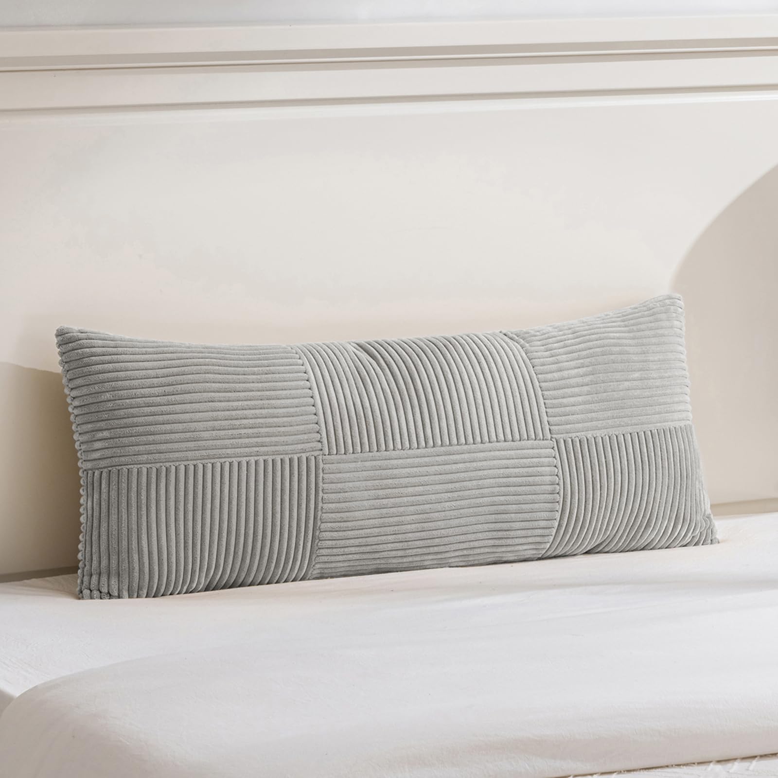 FDTERN Grey Lumbar Decorative Throw Pillow Covers for Living Room Couch Bed Sofa, Rustic Farmhouse Boho Home Decor, Soft Striped Corduroy Rectangle Accent Cushion Covers 40x145 cm